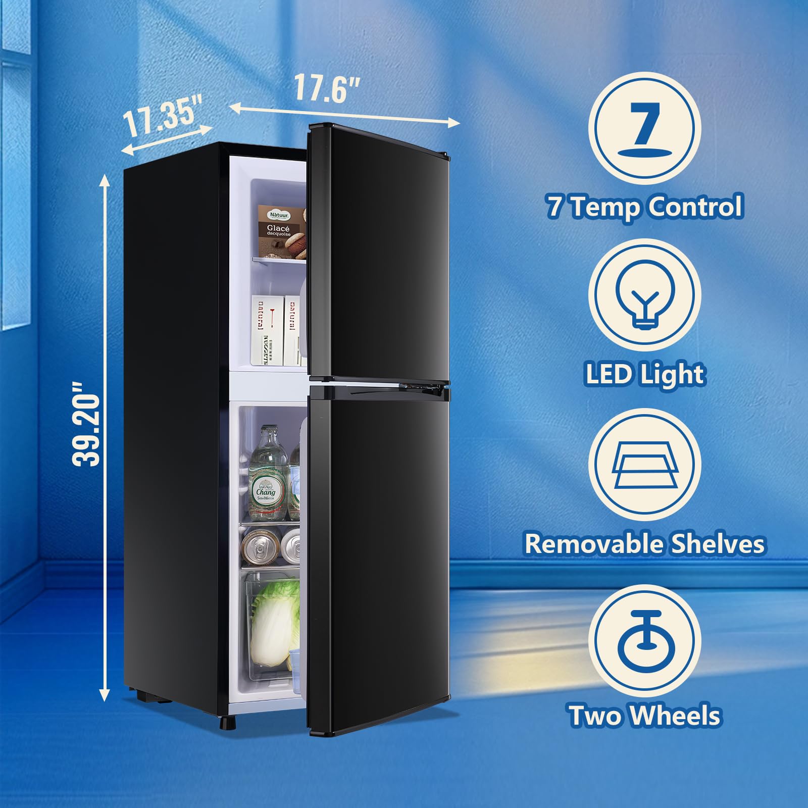 Demuller 3.88 Cu.Ft Capacity Refrigerator With Freezer Double Door Mini Fridge Small Refrigerator With 7 Adjustable Temp Control & 3 Glass Shelves For Kitchen Office Dorm Black on Fridge.com - View 6
