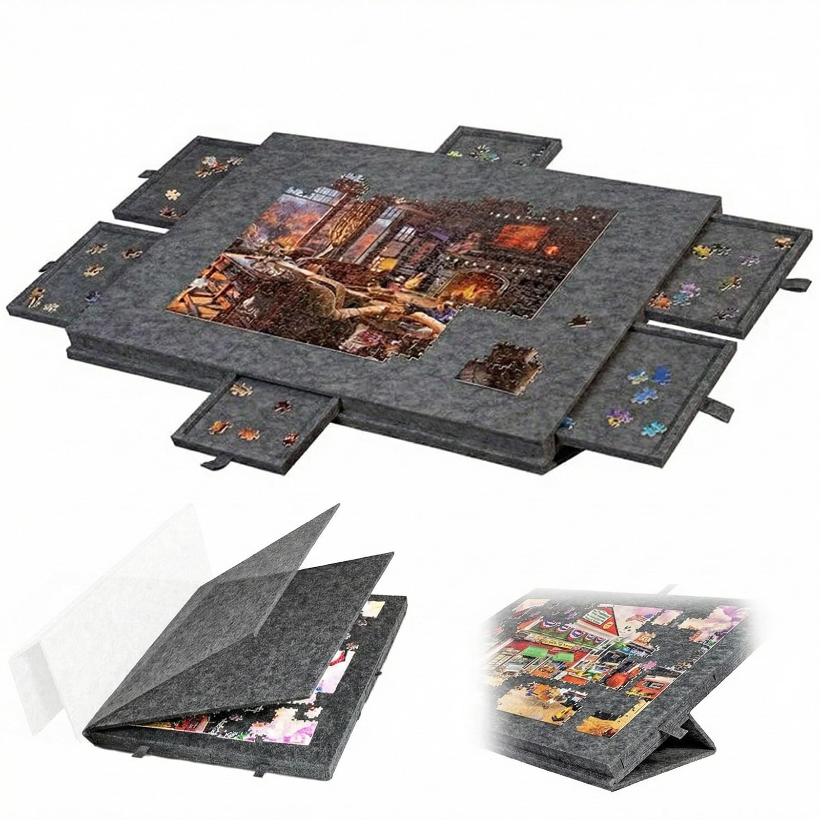 Tilting Puzzle Board, 2-in-1 Designed Stand & Cover Portable Jigsaw Puzzle Table with 6 Drawers Lightweight Felt Jigsaw Board for Adults and Kids for 1000 Pieces Puzzle, Dark Grey
