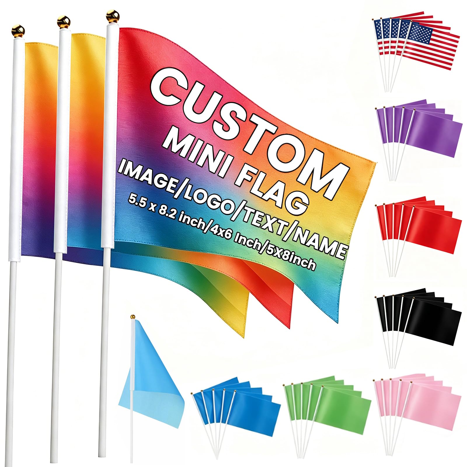 Up to 1000pcs Custom Handheld Flag Mini Flags with Pole Bulk Personalised Small Stick Flags with LogoText Double-Sided Print Party Events 8x12inch