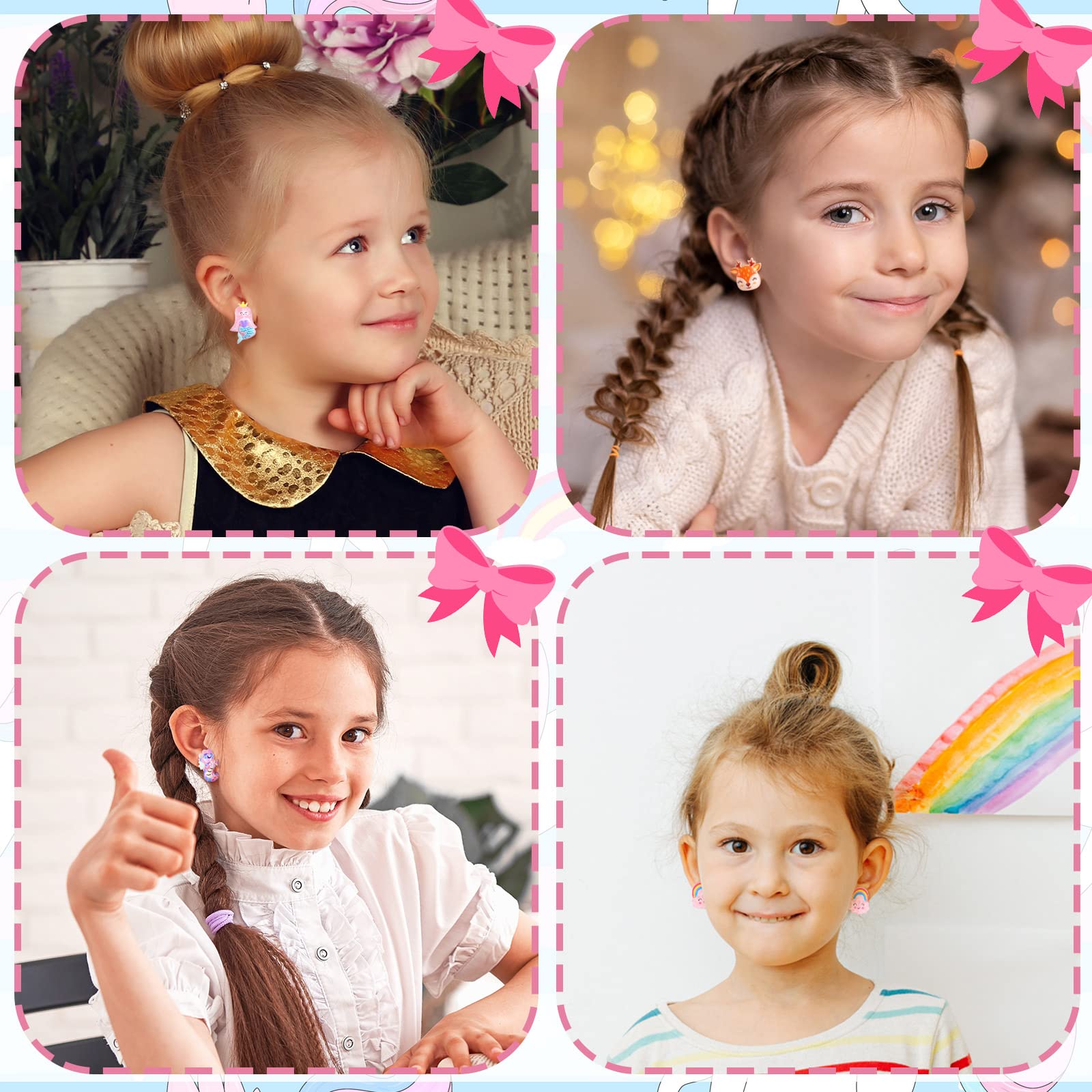 16 Pairs Kids Clip on Earrings for Girls Cute Unicorn Mermaid Non Pierced Clip on Earrings for Kid Little Girl(Cute Style)