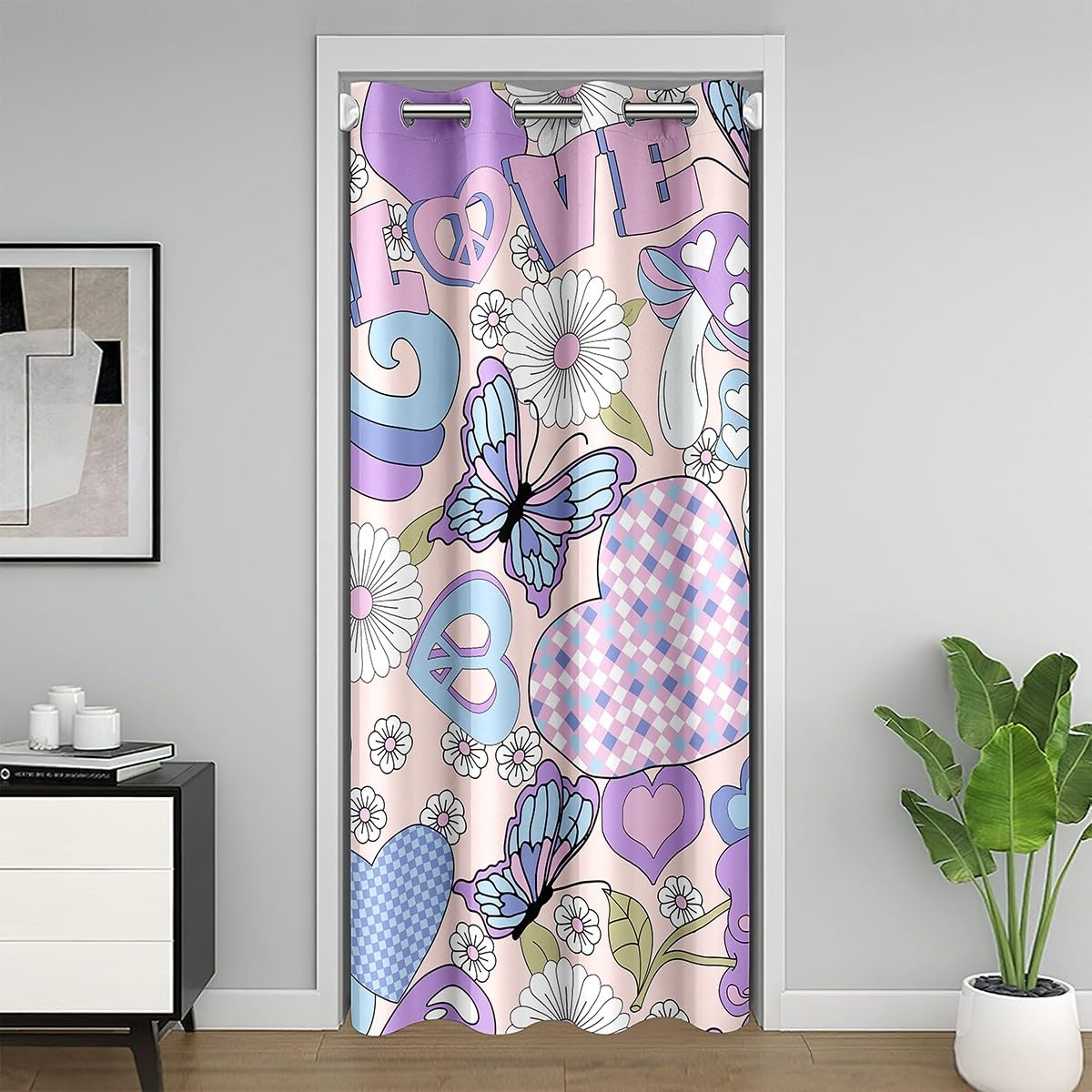 Homemissing Retro Flower Door Curtain for Privacy 106x203cm Butterfly Closet Door Cover Curtain for Bedroom 60S 70S Groovy Floral Heart Pattern Peace Mushroom Divider Curtain Purple Window Treatment