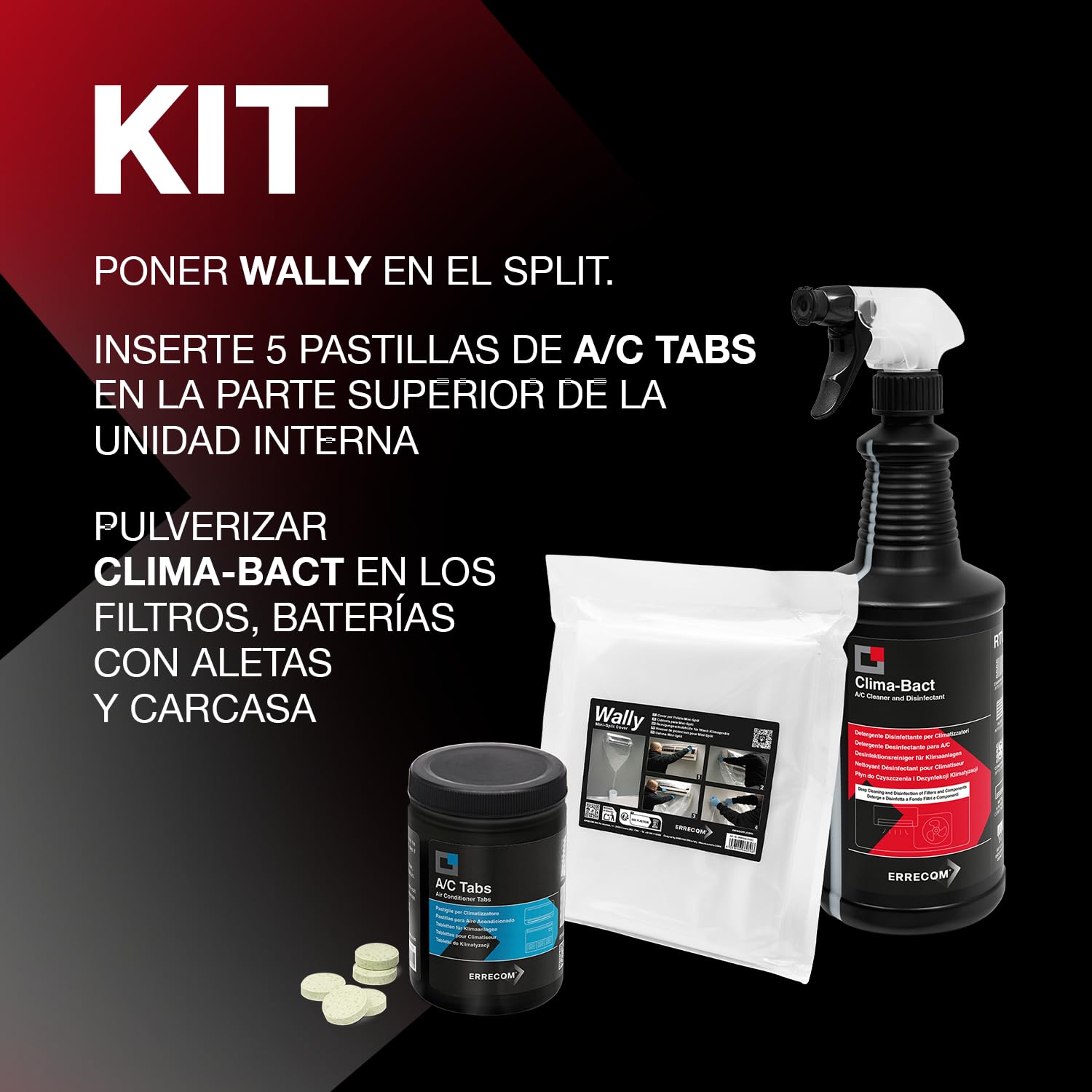 Errecom Kit Limpieza Y Desinfección A/C, Clima-Bact Detergente Desinfectante Biocida Registrado 1 L + Wally Funda Protección Split + A/C Tabs 40 Pastillas De Acción Prolongada