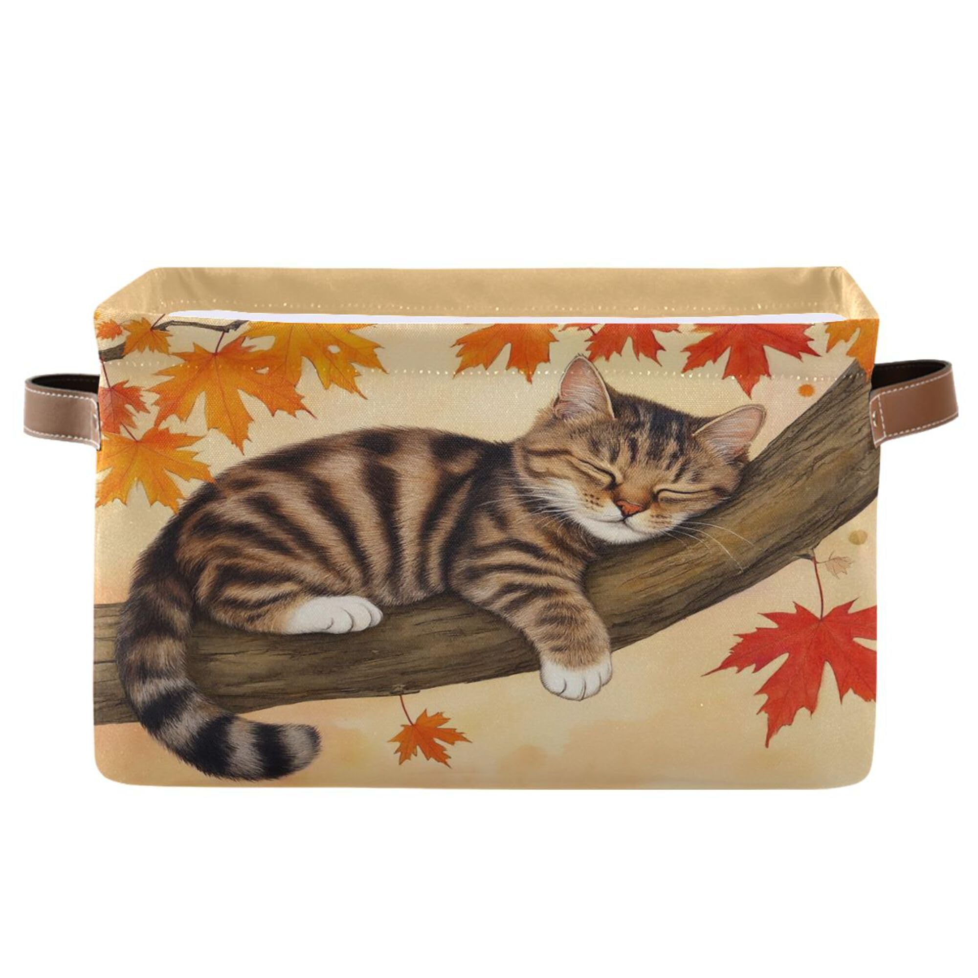 Wamika Fall Cat Kitty Storage Basket with Waterproof Liner and PU Handles Autumn Maple Leaves Storage Bins Boxes 14.2" Collapsible Decorative Organizer Baskets for Bedroom Closet Office 1 Pack