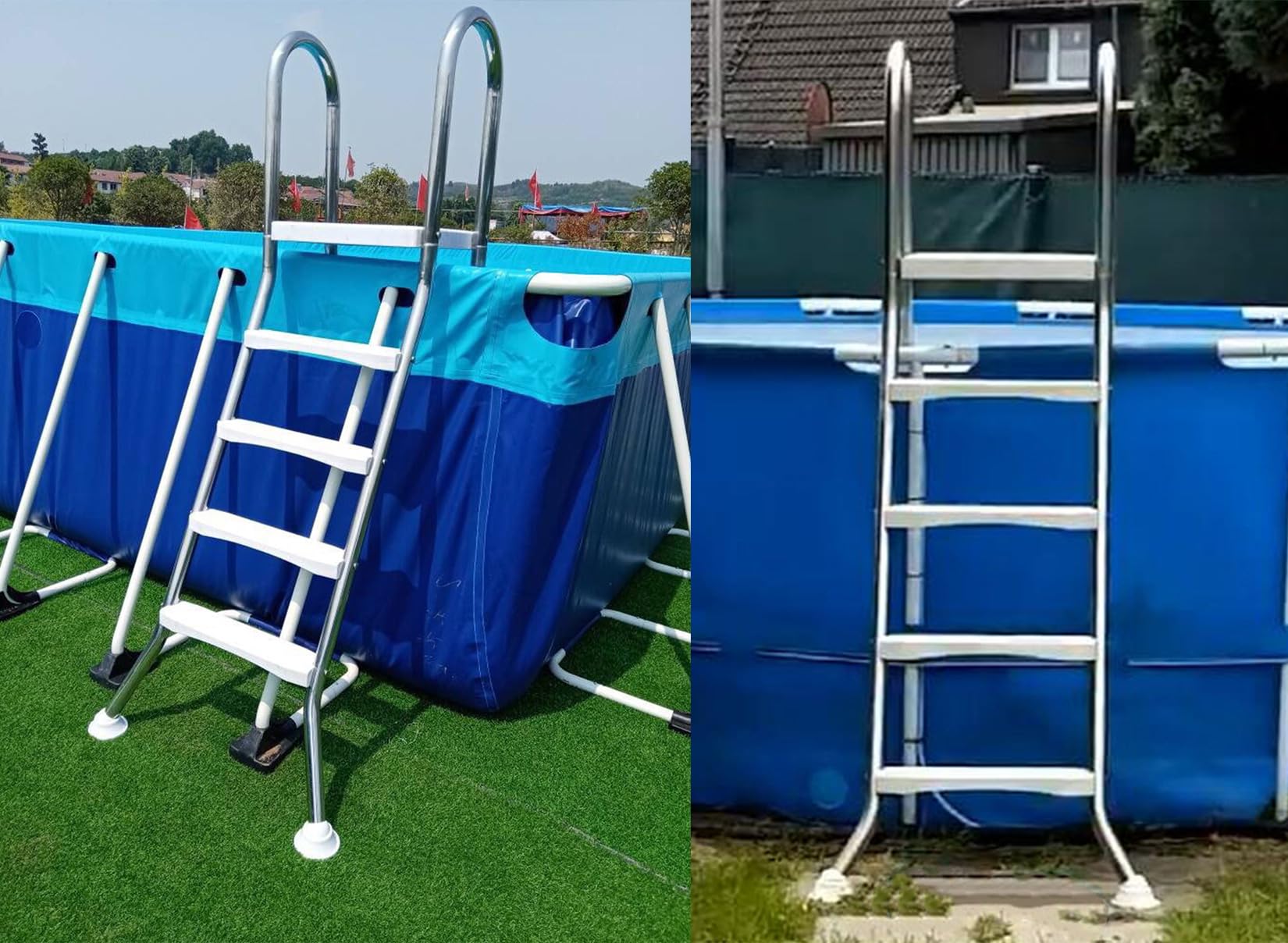 Escalera de piscina de lujo de 52 pulgadas, escalones de piscina sobre el suelo, carga máxima de 550 libras, 4 escalones antideslizantes, construcción de acero inoxidable 304, diseño de doble cara