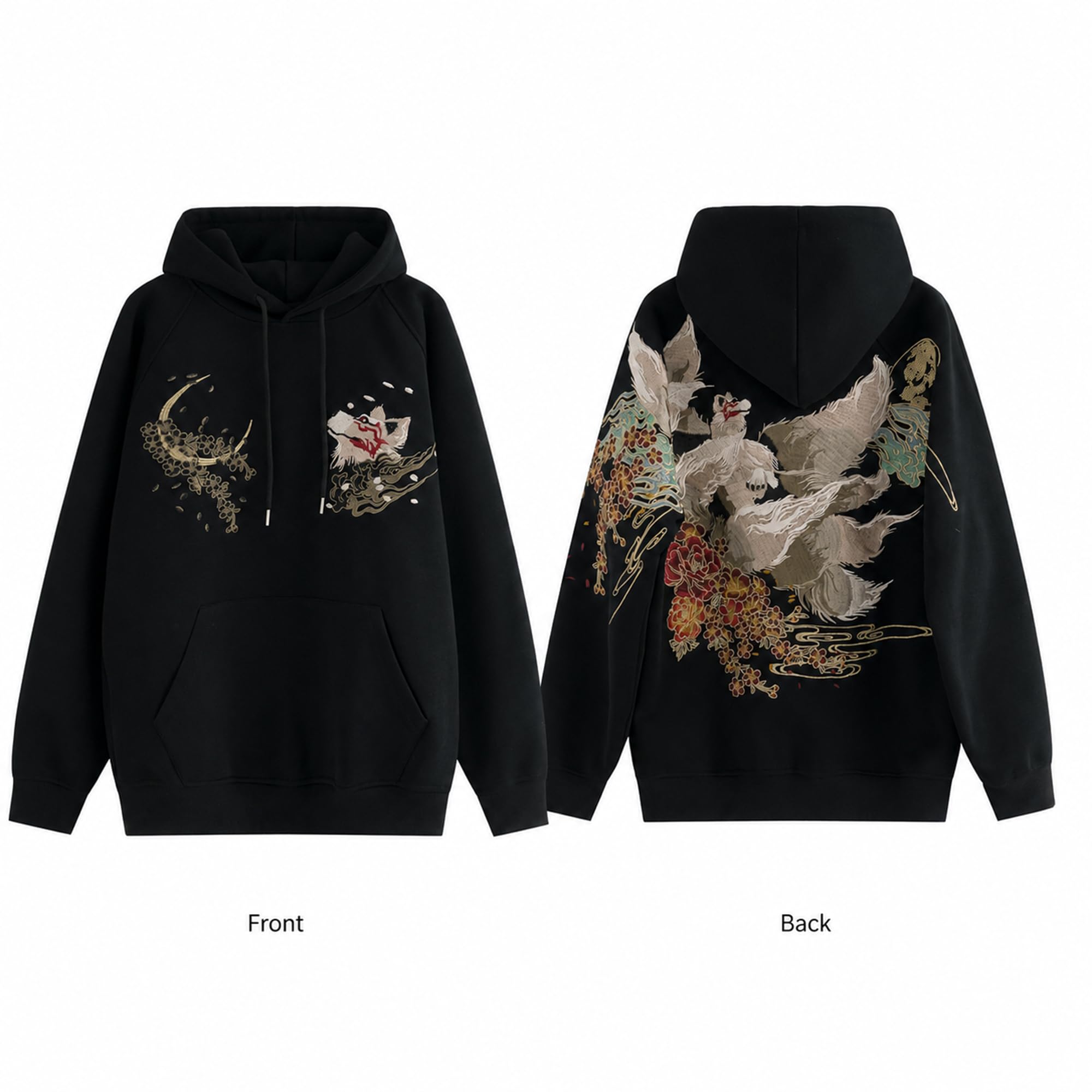 Herren-Kapuzenpullover mit neun Schwanz-Fuchsen, bestickt, japanischer Anime-Hoodie, Streetwear, schwarzer Kapuzenpullover, Herrenmode, lässiger Kapuzenpullover