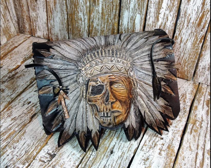 Miniatura 6 de Indian Skull, Red Man, Native American, Chief, Pipe, Bald Eagle, Grey Wolf, 3D Genuine Leather Motorcycle Tool Bag, Fork Bag, Motorcycle Accessory,