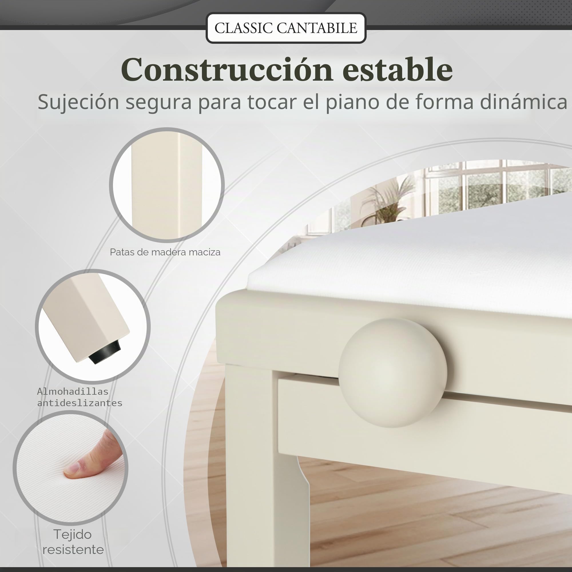 Classic Cantabile Banco para Piano Madera de Fresno Blanca Mate