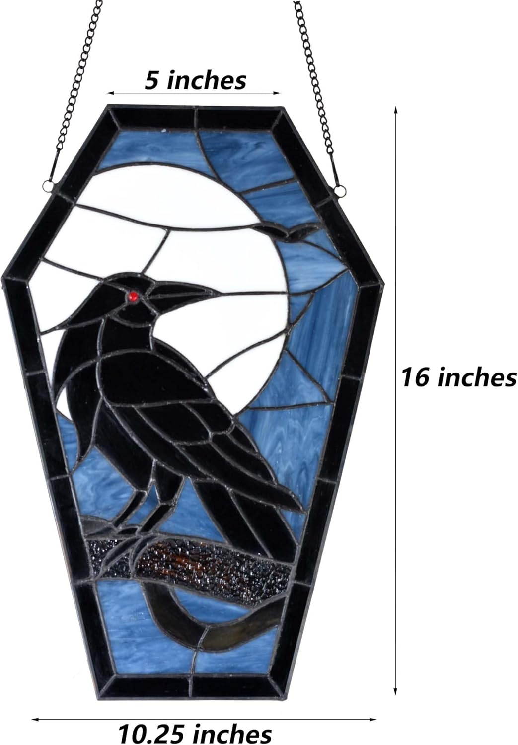 Bieye W12001 Gothic Raven Stained Glass Window Panel, Tiffany Style Hanging Suncatcher for Halloween Decor (Dark Blue, 16" H Coffin-shaped)