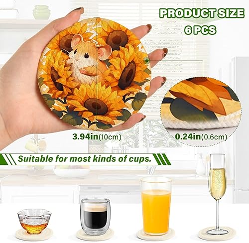 Miniatura 3 de Posavasos amarillos de girasol de 4 pulgadas, 6 posavasos absorbentes para mesa de café, regalo de inauguración de la casa, decoración de oficina