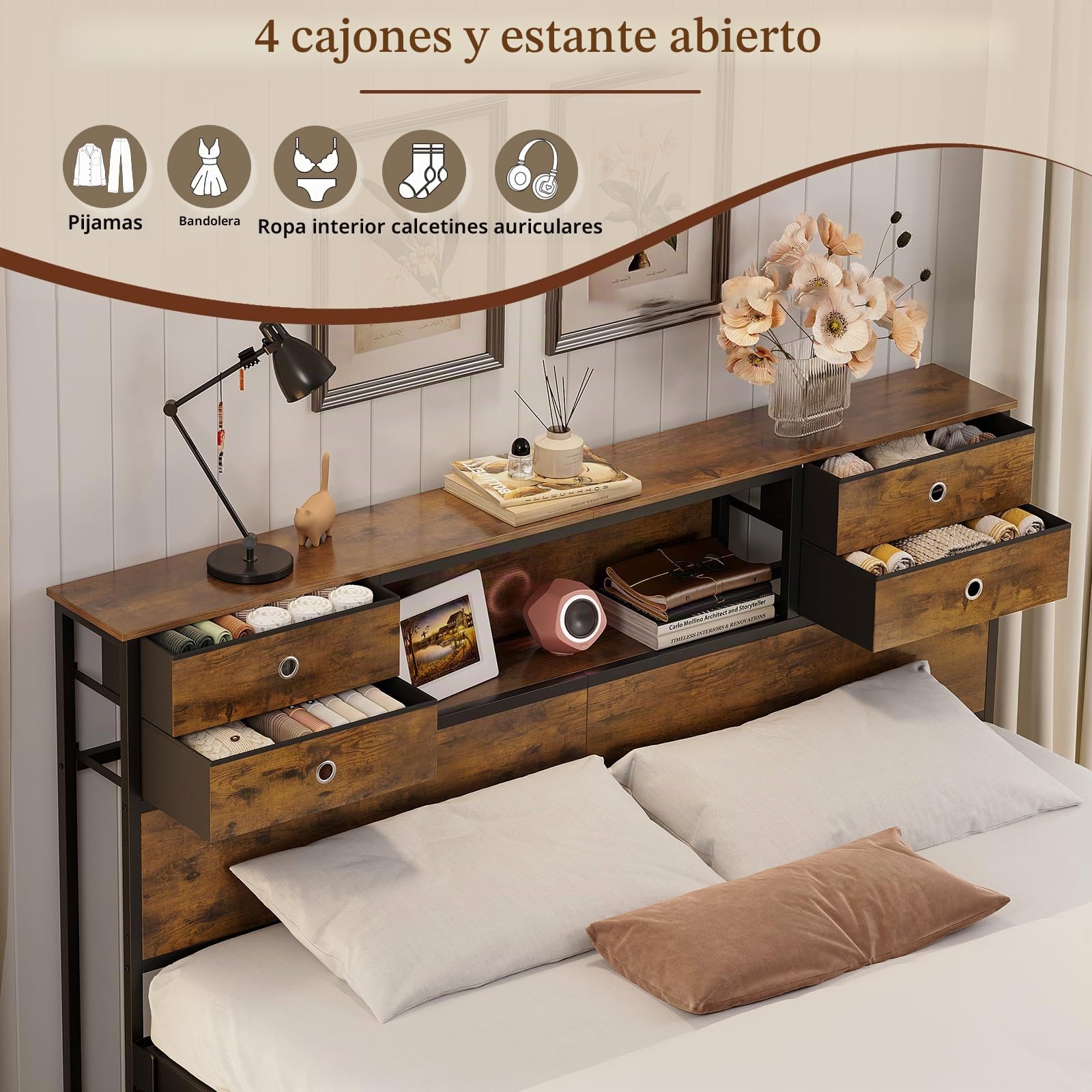 VEDECASA Cabecero de cama de 160 x 200 cm con 4 cajones de tela y estante, cabecero independiente con espacio de almacenamiento, fijación ajustable para marco de cama, madera, metal, estilo industrial