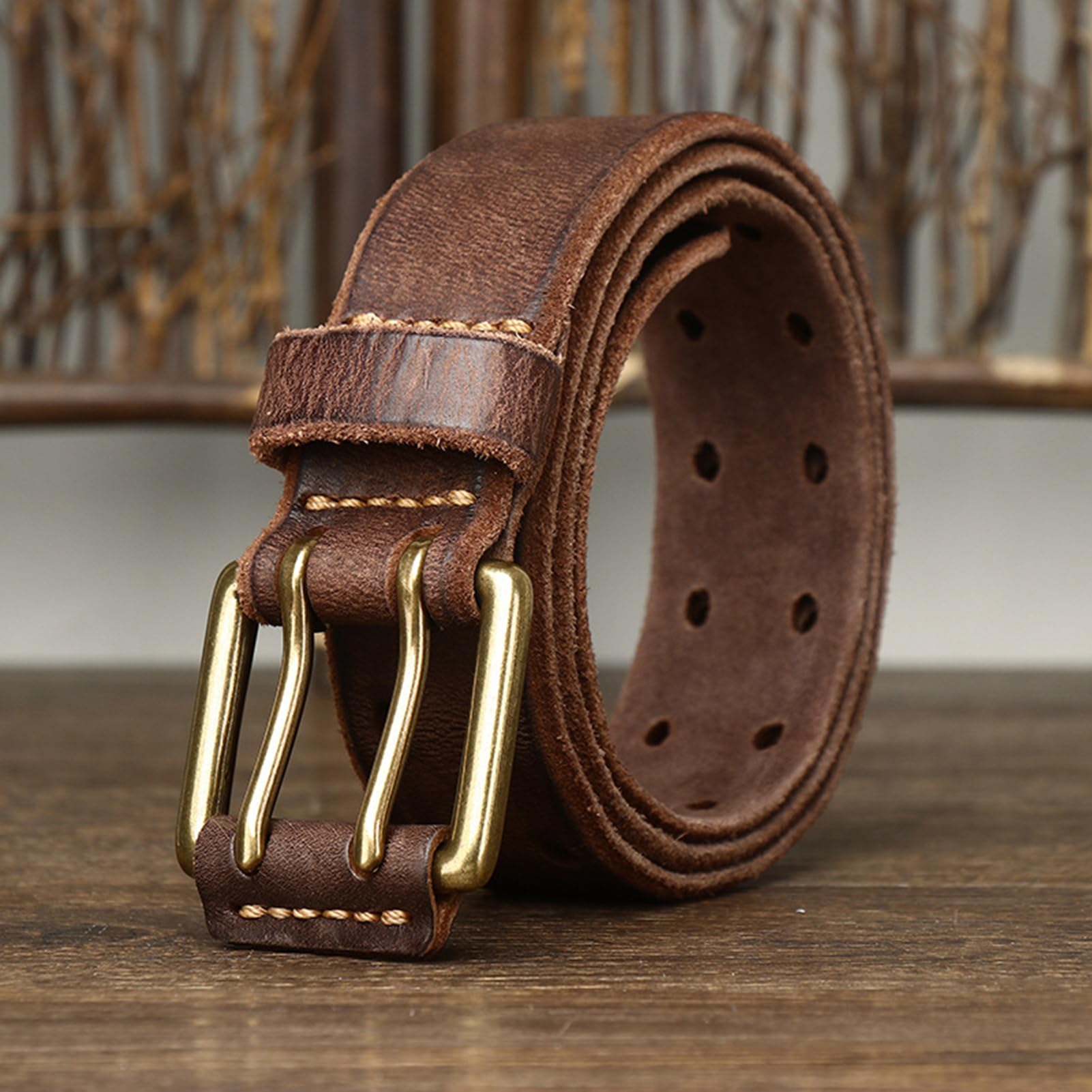 Gürtel Herren Mit Leder-rollschnallen Doppeldorn Schließe 3,8cm Breit Ledergürtel Mit Doppel-Loch Jeansgürtel In Premium Rindleder In Vintage Look(125cm/49, Coffee)