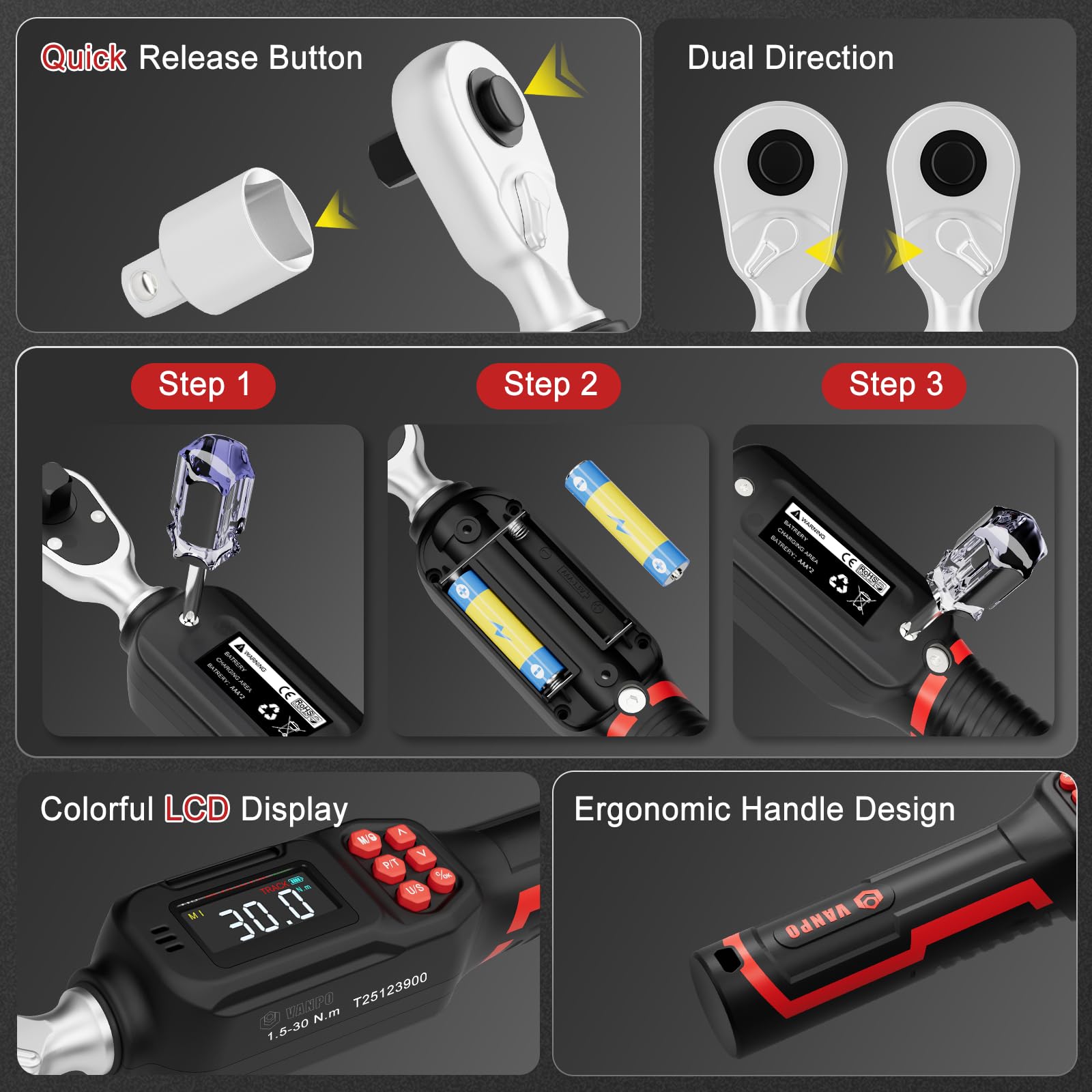 VANPO Chiave Dinamometrica Digitale 1/4", 0.6-12NM Elettronica Chiave Dinamometrica con Display LCD, 4 Unità, Avviso Acustico e Colori, Cricchetto Reversibile ±2% per Bici & Precisione Riparazione