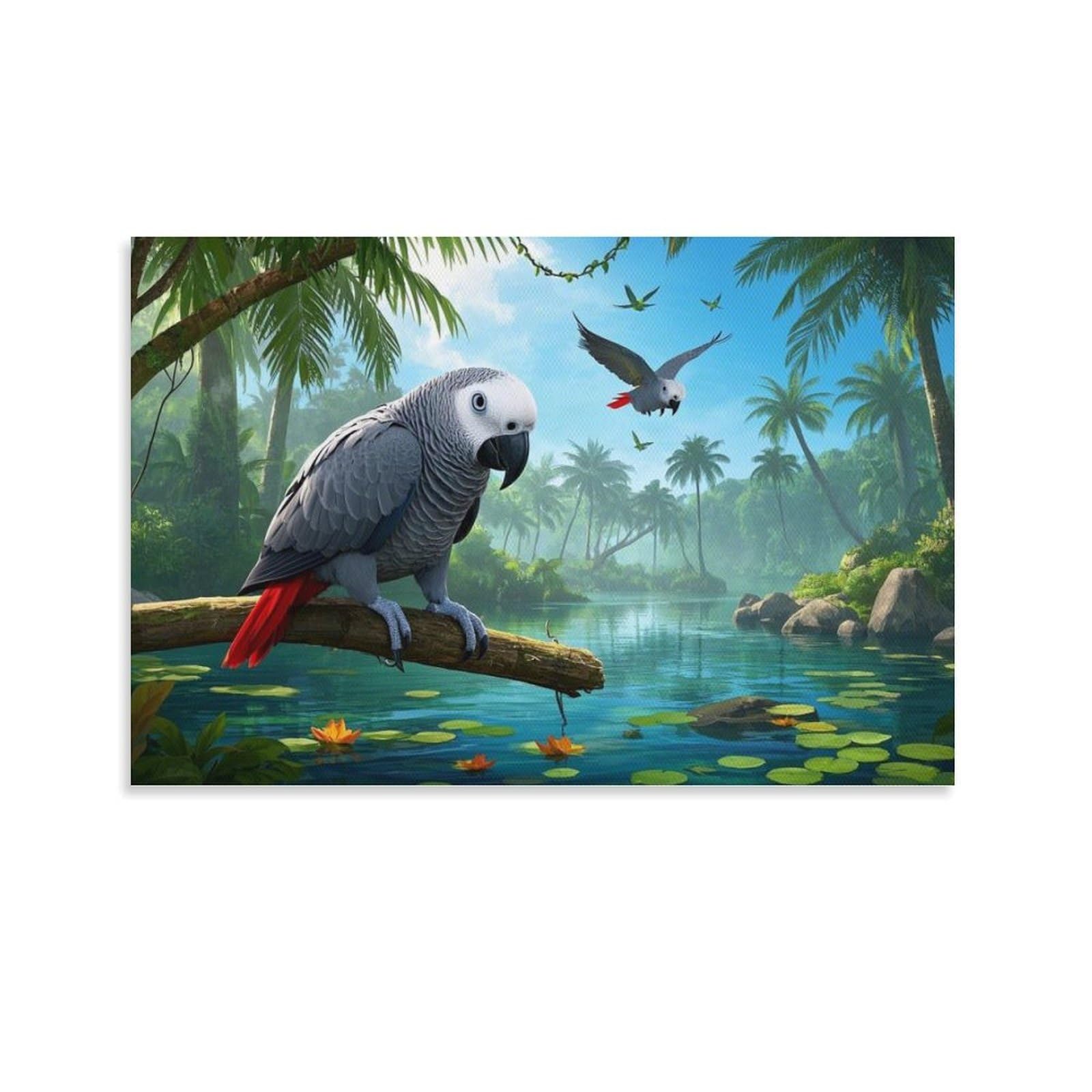 YYVKPMLXC African Grey Parrot Canvas Pictures Tropical Rainforest Giclee Artwork Modern Painting Ready To Hang for Bedroom Office Home Decoration 16x24inch(40x60cm)