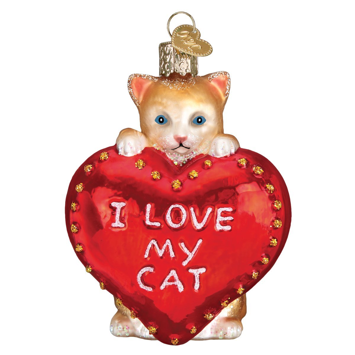 Old World Christmas I Love My Cat Pet Lovers Glass Blown Ornaments For Christmas Tree, Love My Cat