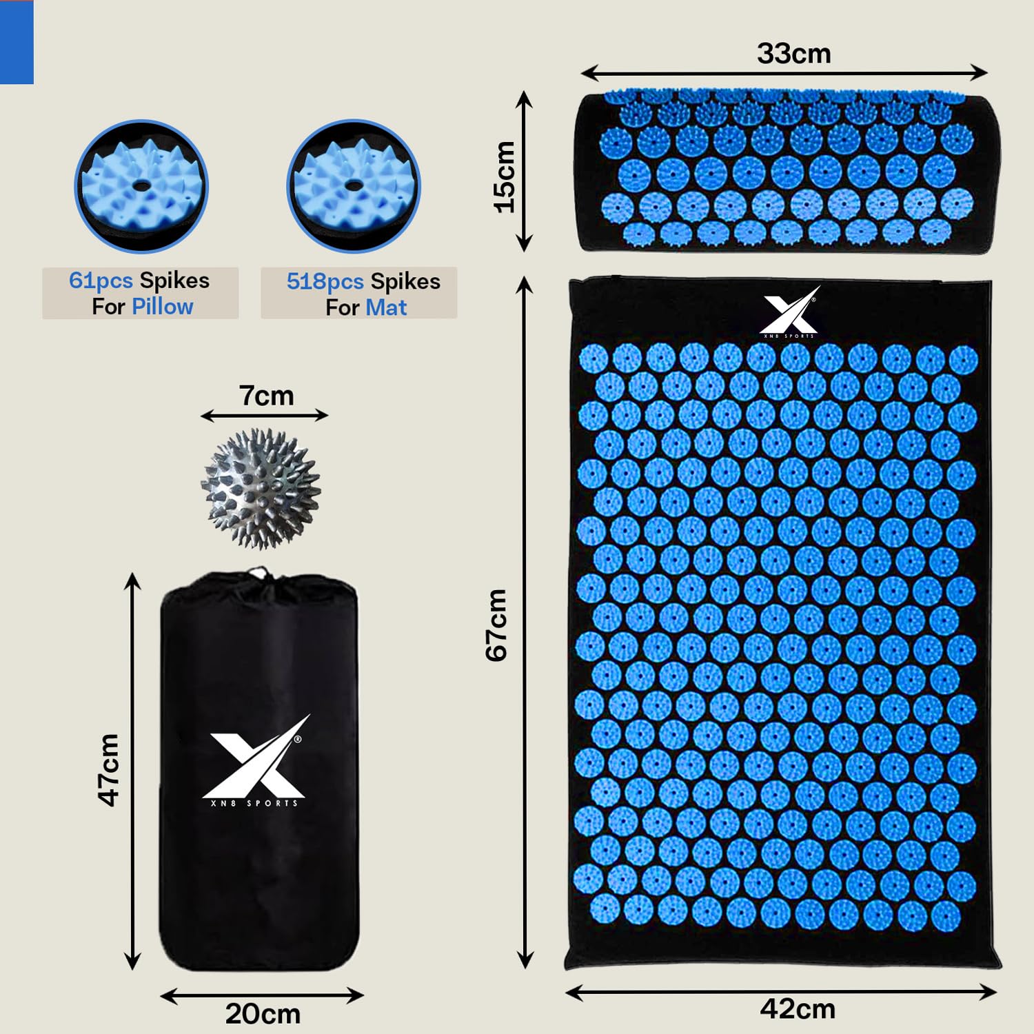 Xn8 Esterilla Acupresión Kit de Masaje con Cojín -Esterilla de Masaje - Alivia el Dolor de Espalda y Cuello, relaja los músculos y Reduce el insomnio - con Bolsa de Transporte