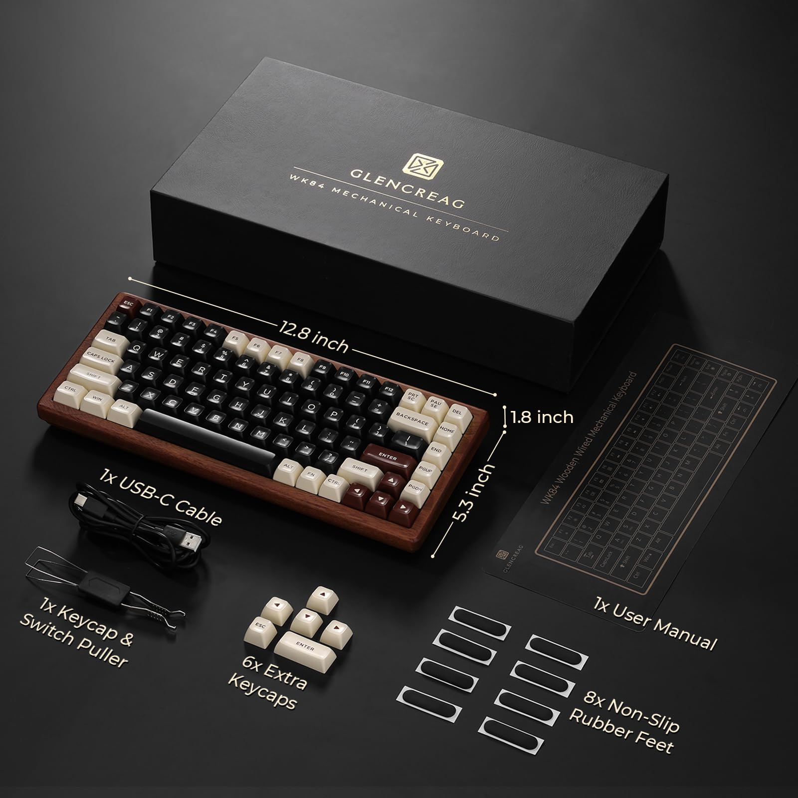 GLENCREAG WK84 USB-C Wired Wooden Mechanical Keyboard, 75% Layout