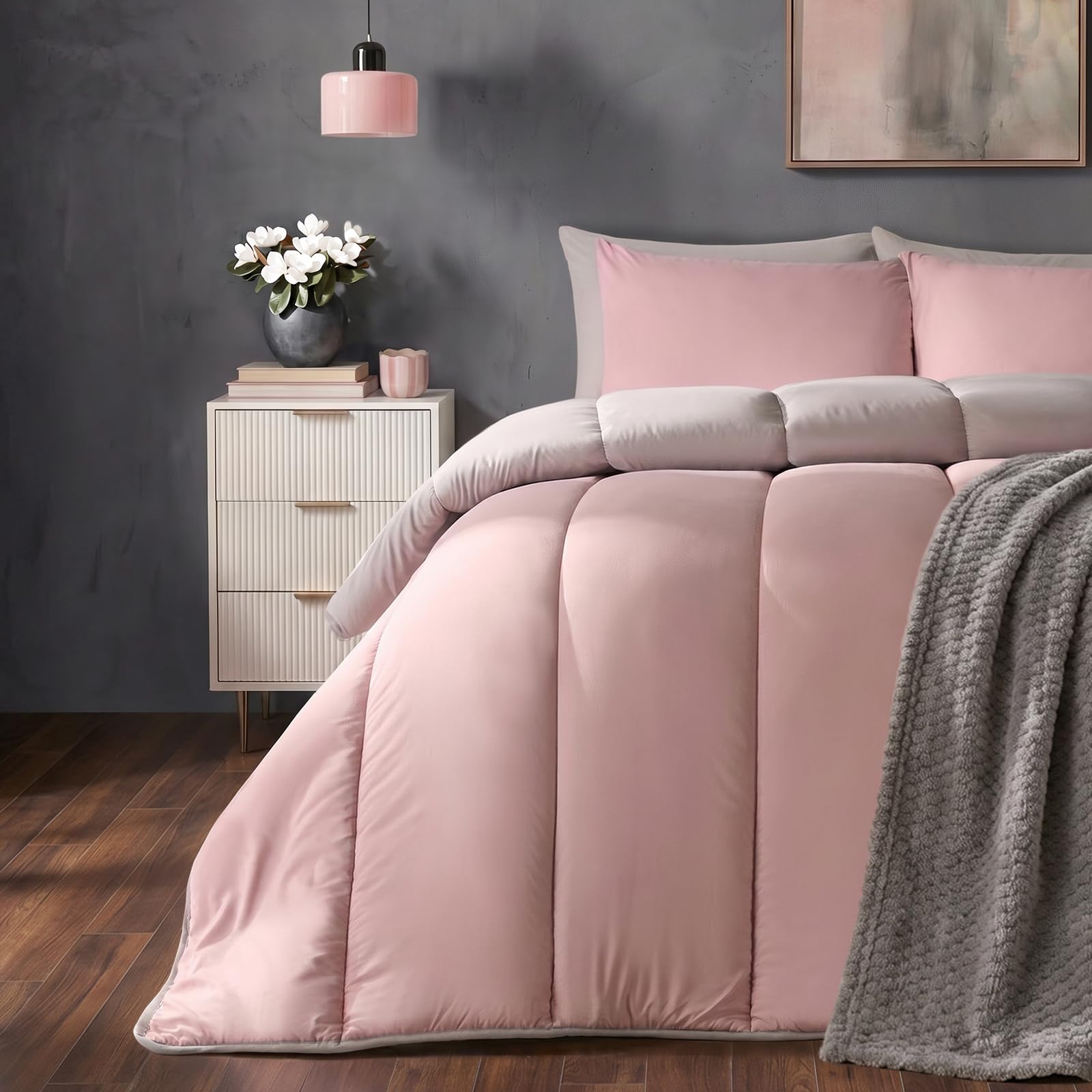 Ohs Blush/Grey Coverless Duvet Double, 10.5 Tog Reversible Soft Warm Microfibre Comfy Coverless Duvet Summer Winter Camping Blanket Washable Quilt Bedding Double Duvets With Pillowcases, Pink