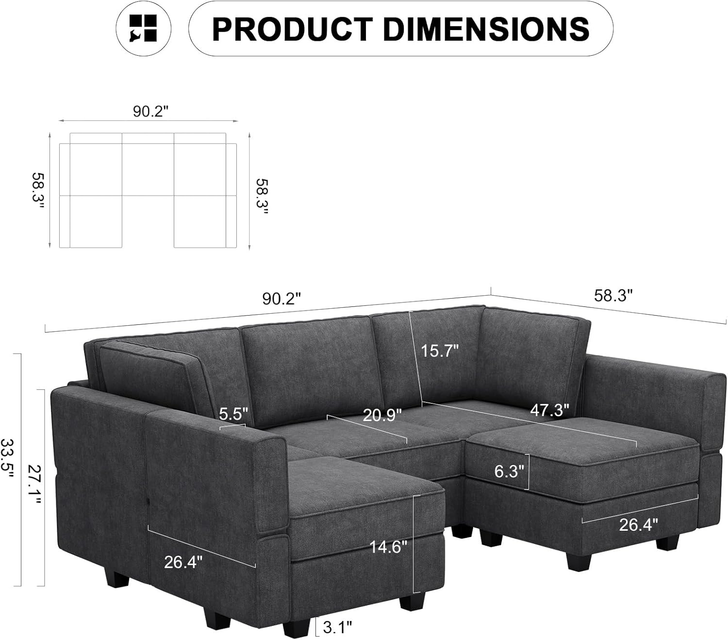 Belffin Modular Sectional U Shaped Sofa Small Reversible Chaise Sectional Couch Convertible Ottoman Modular Sofa Couch Dark Grey