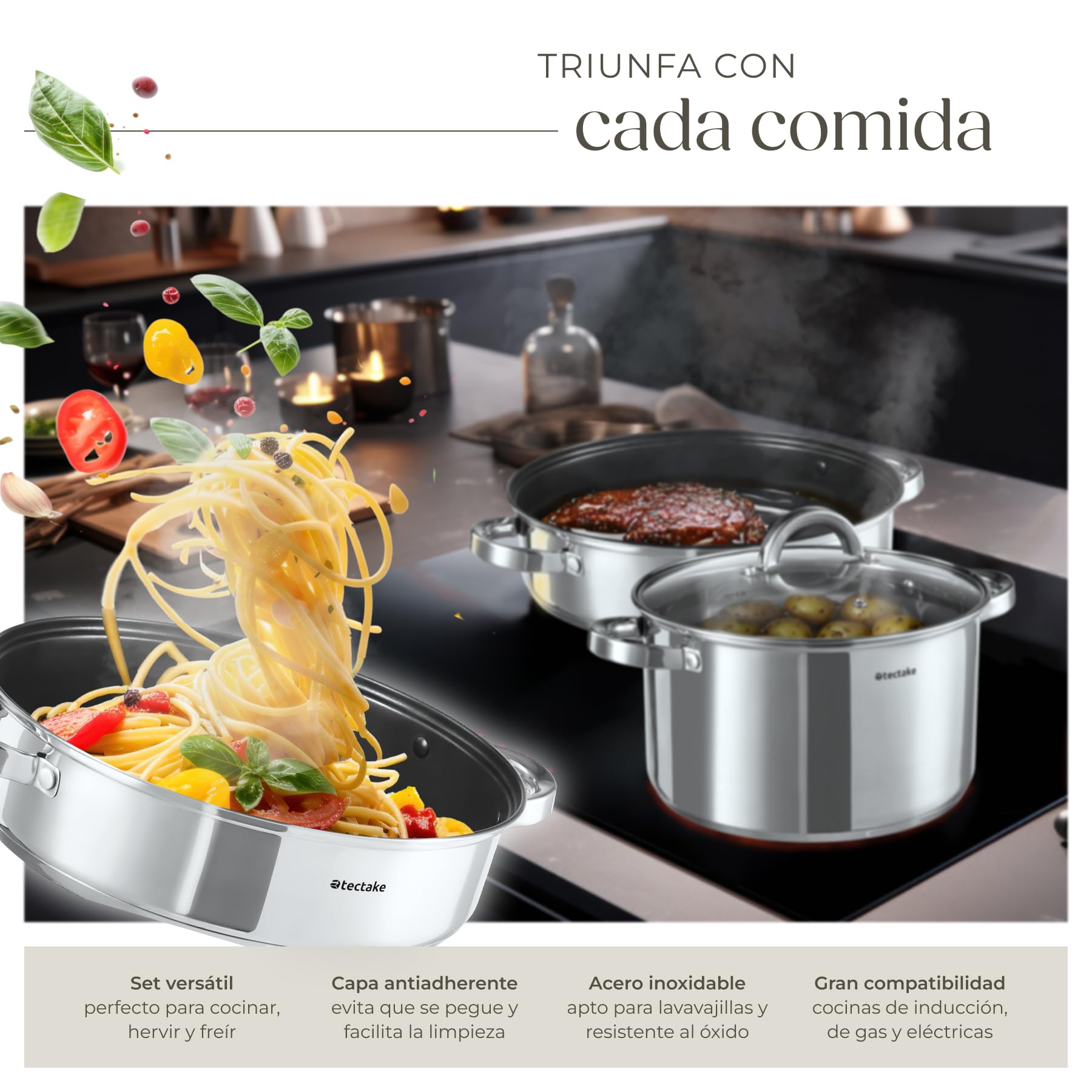 tectake® Batería de Cocina, 15 Piezas, Juego de Ollas y Sartenes con Tapas, Acero Inoxidable, Antiadherente, Apto para Inducción, Gas y Eléctrico, Fácil Limpieza, Ideal para Cocina y Lavavajillas