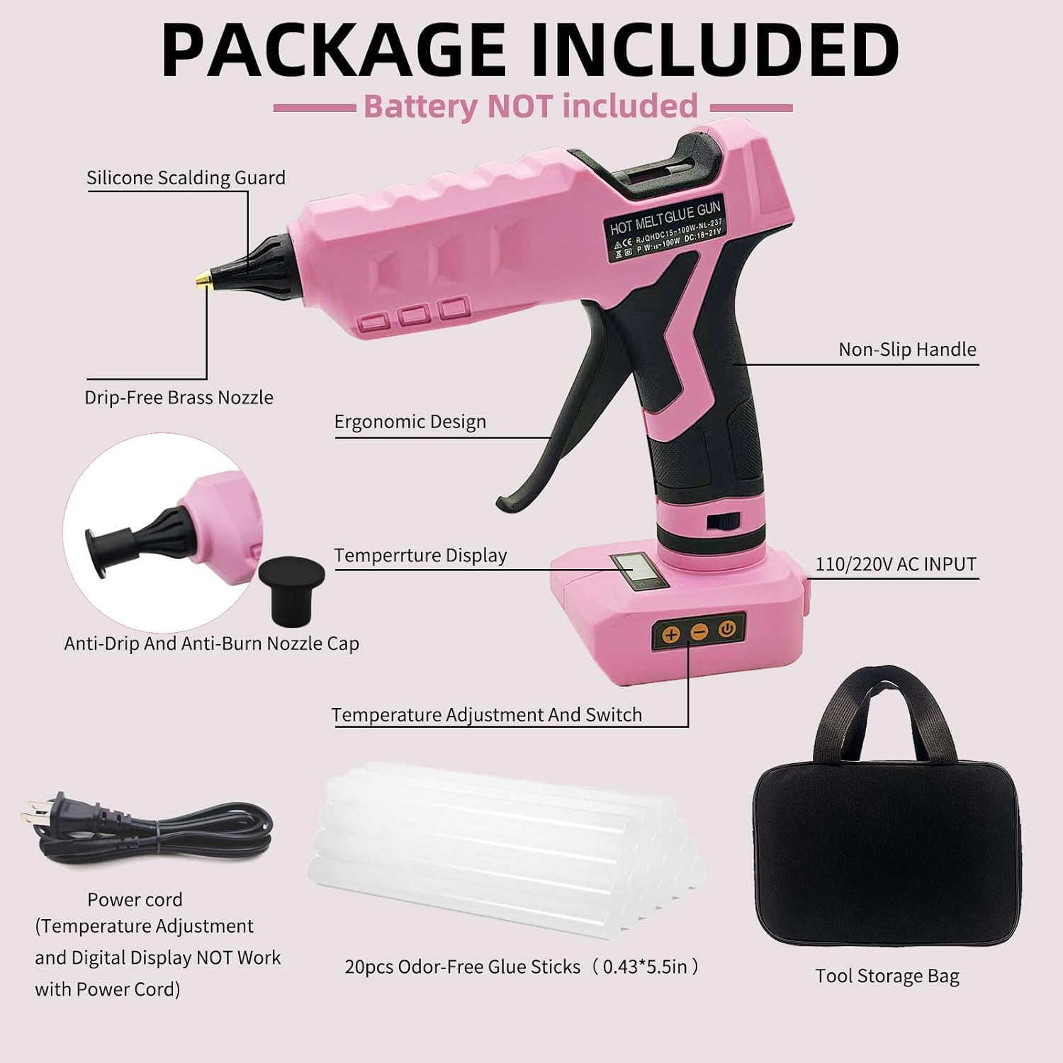 100W Cordless Hot Glue Gun for Dewalt 20V MAX Battery with 20PCS Full Size Glue Sticks, Digital Temperature Adjustable High Temp Glue Gun for Arts Crafts DIY Home Repair(Tools only)