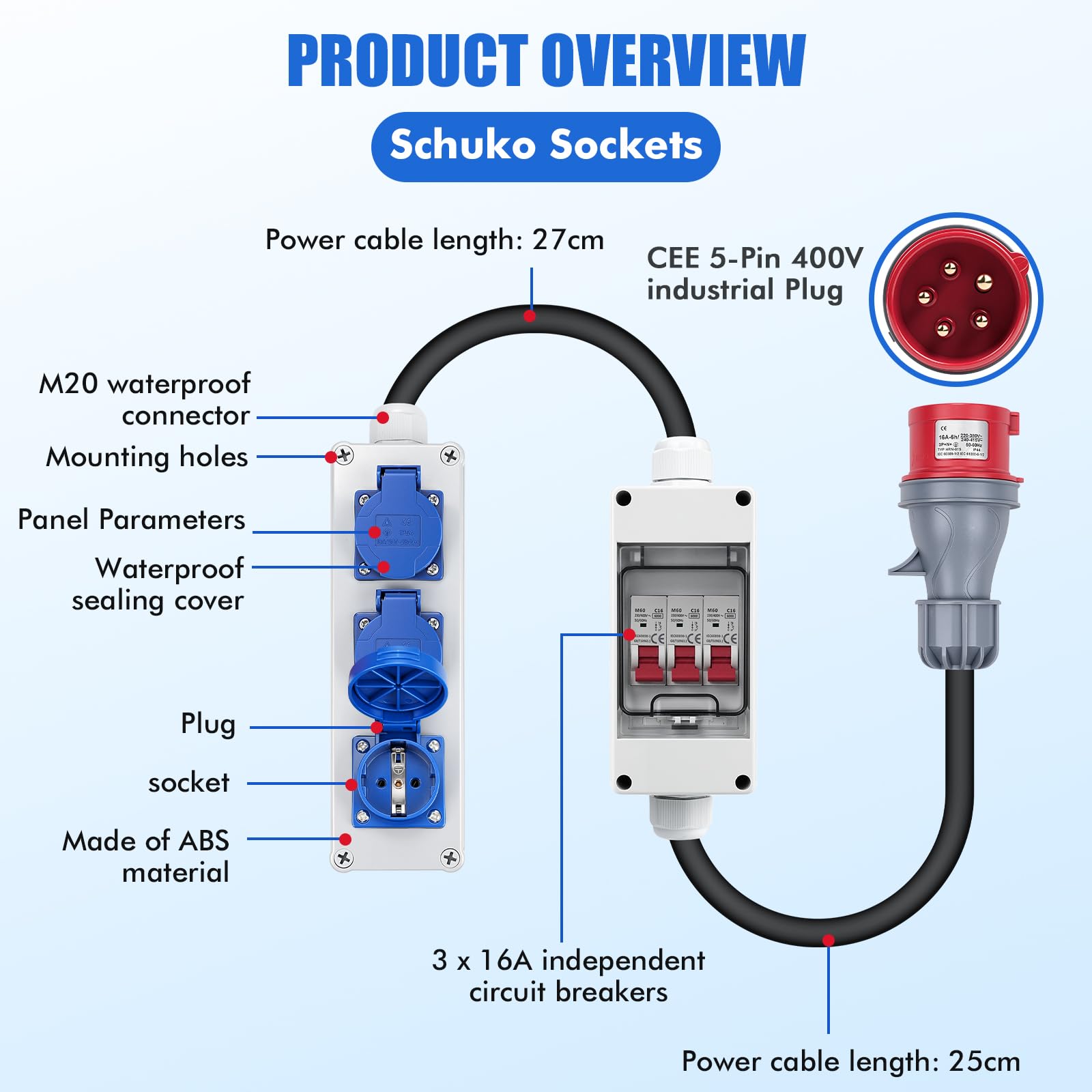 Distributore a parete 3 prese Schuko 230V e 1 presa CEE 16A/400V 5P | Con interruttore magnetotermico 16A distributore di corrente IP44 Non richiede cablaggio Adatto per cantieri edili e officine