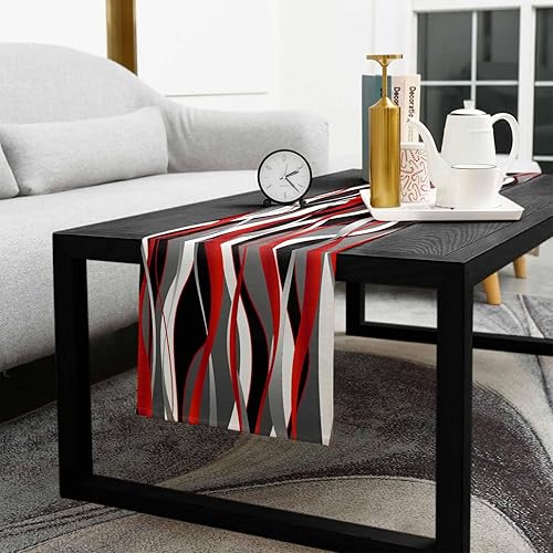 Miniatura 5 de Camino de mesa geométrico rojo y negro de 60 pulgadas de largo, algodón y lino, bufandas de tocador, bufandas abstractas modernas de arpillera de