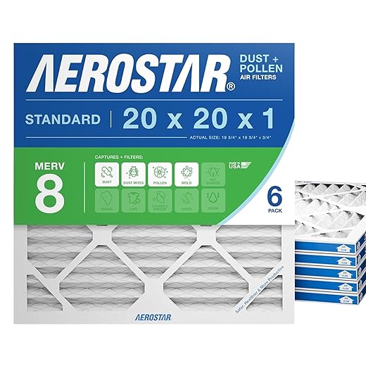 Aerostar 20x20x1 MERV 8 Pleated Air Filter, AC Furnace Air Filter, 6 Pack (Actual Size: 19 3/4" x 19 3/4" x 3/4")