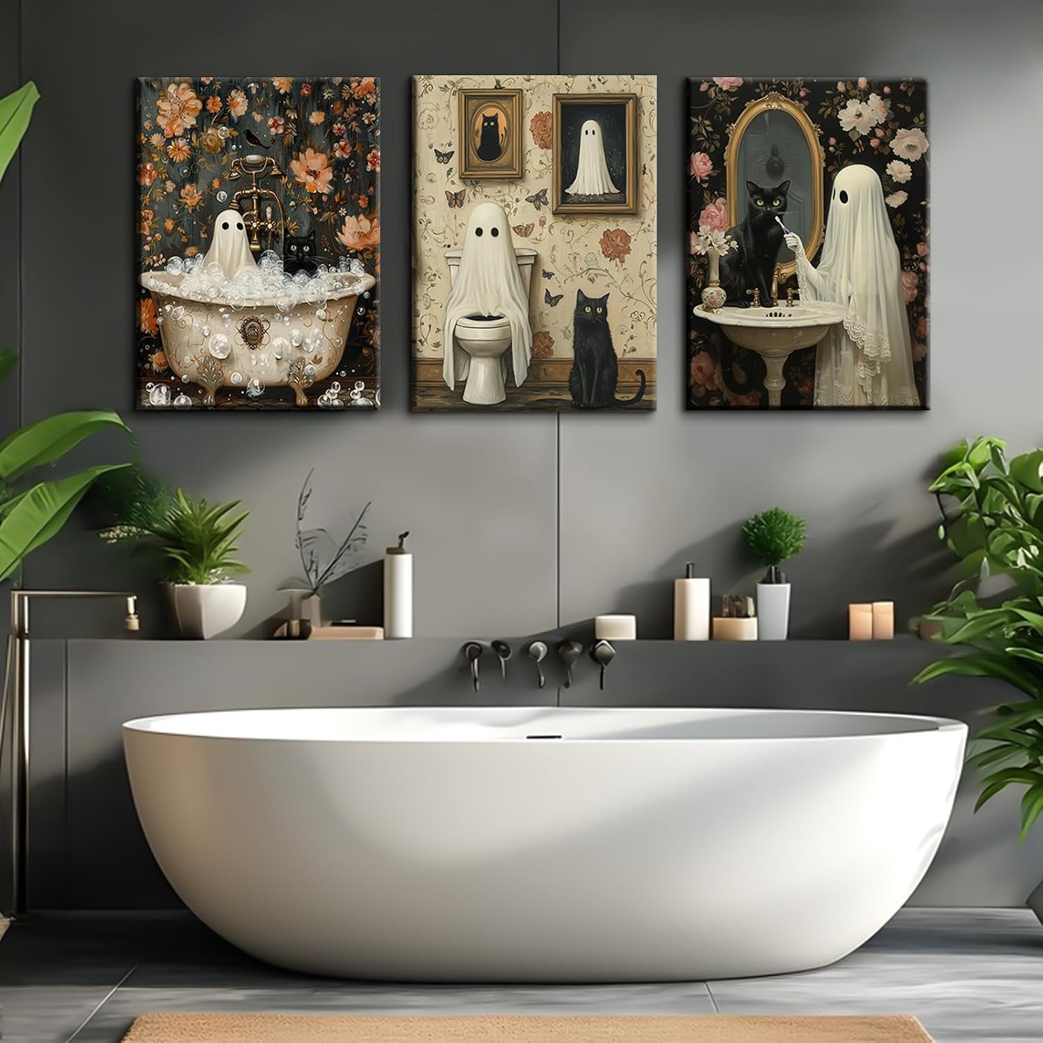 Halloween Gothic Wall Art Decor Bathroom Goth Funny Canvas Poster Dark Academia Wall Decor Horror Ghost Pictures Spooky Witchy Prints Cute Black Cat Paintings for Bathroom 12x16x3 Inch Wrapped Canvas image 3