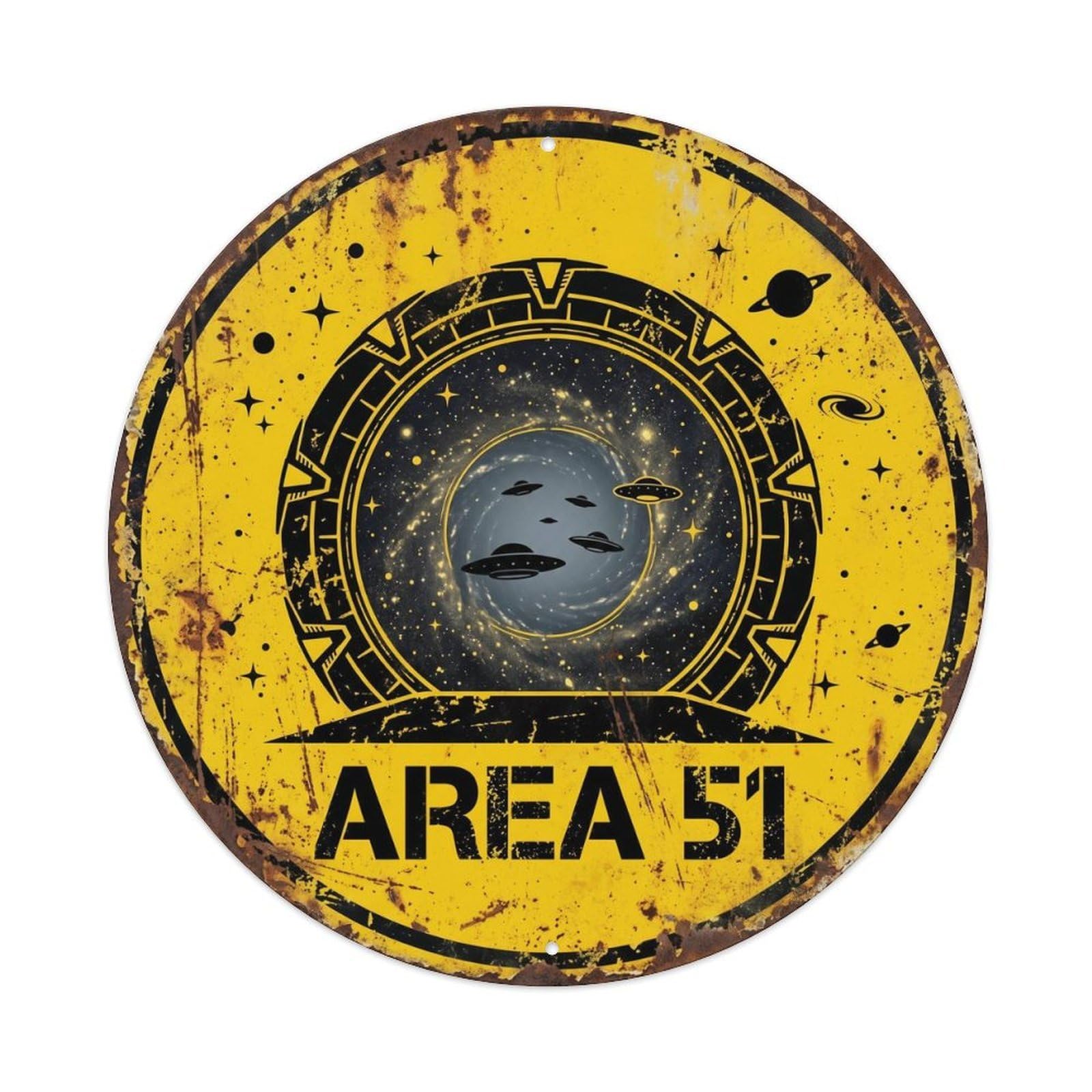 Vintage Alien Area 51 Cosmic Gateway Metal Tin Sign Plaque Wall Decor for Cafe, Club, Garden Round Metal Poster 8x8Inch