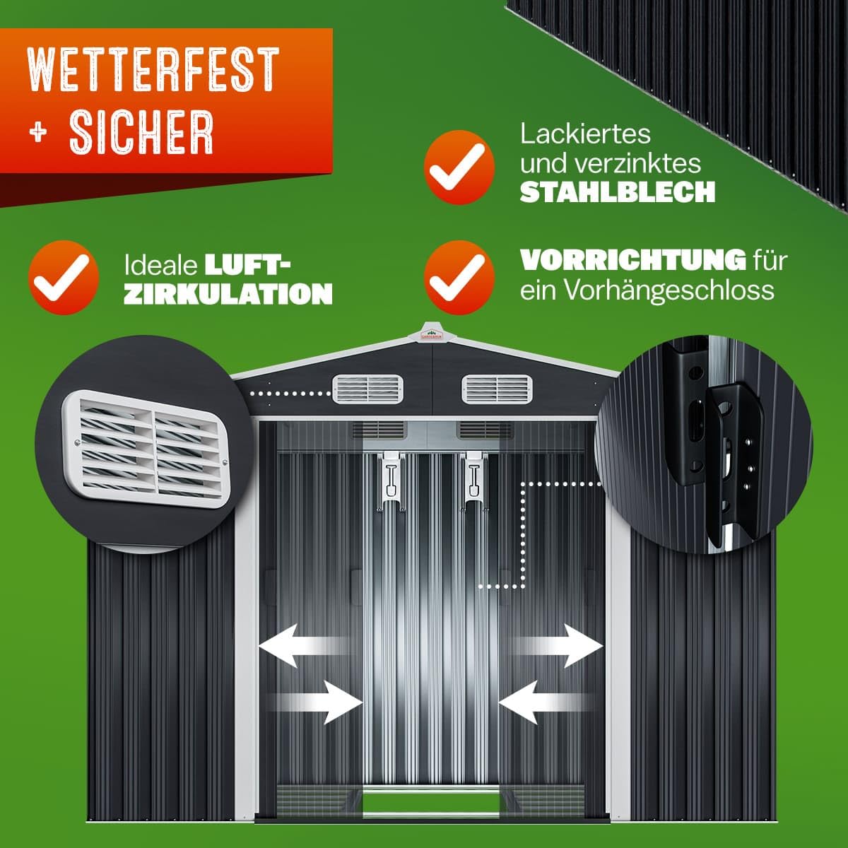GARDEBRUK® XXL Metall Gerätehaus 5m² mit Fundament 257x205x178cm Schiebetür Anthrazit Geräteschuppen Gartenhaus 9m³ | Gartenmöbel Gartenmöbel Gartendach Rasenmäher Garage mit 96cm Schiebetür verzinkter Stahl Schuppen für Werkzeuge