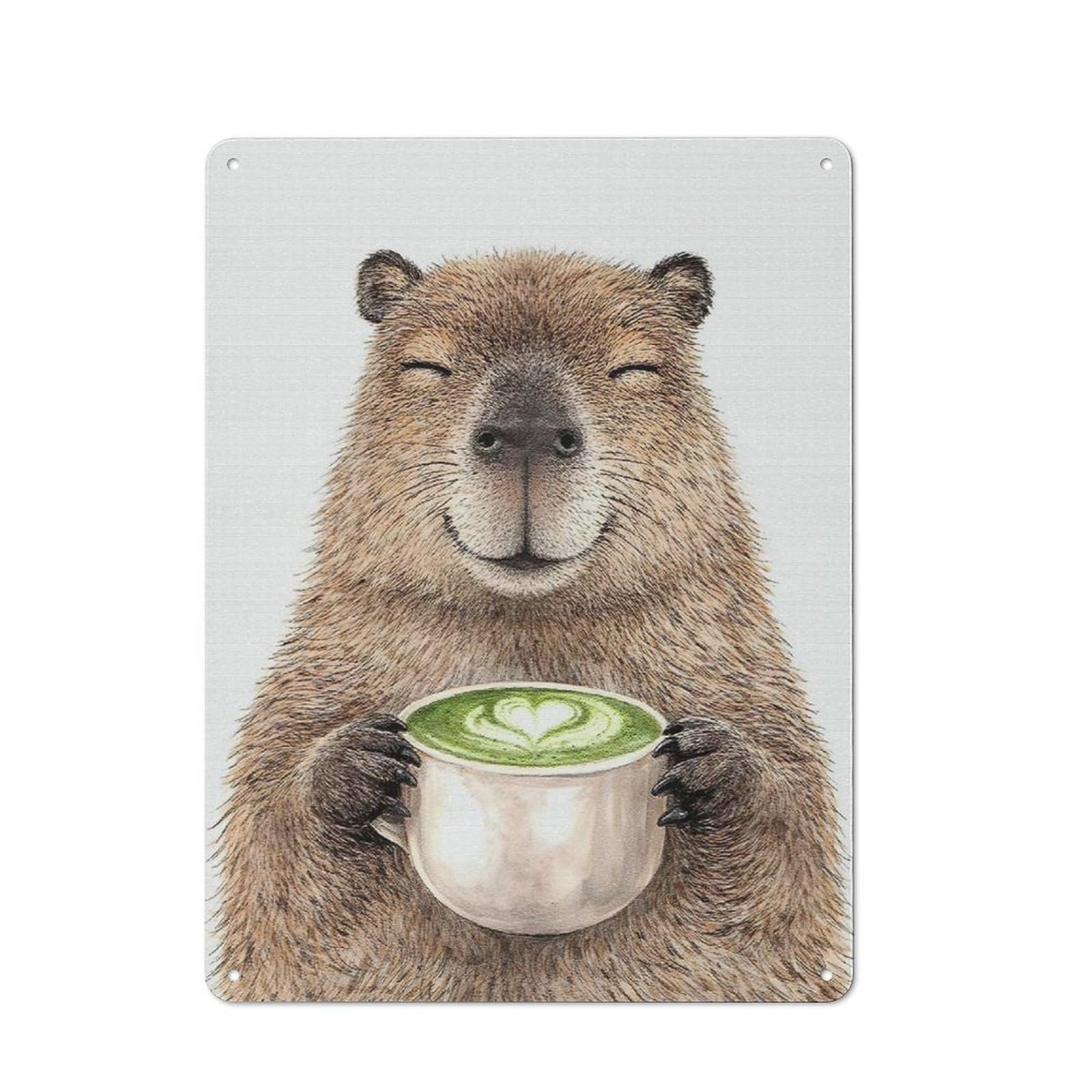 Workshop Style Capybara Enjoying Matcha Latte Tin Sign 40x30cm, Garage Wall Decor for Tool Room, Garage, Studio Or Home Bar