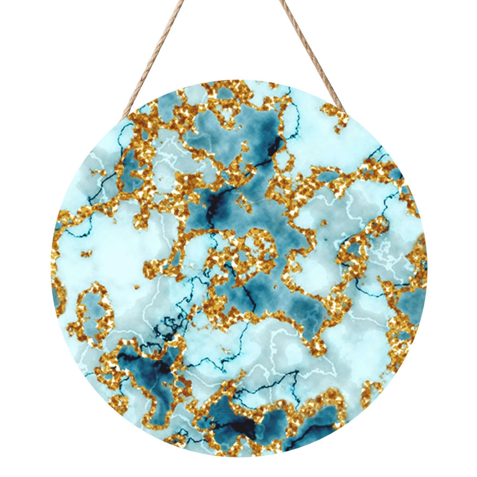 InOmak Glitter Gold Teal Marble Textured, Round Wood Panel Painting 12 in, Wall Hanging Painting For Home