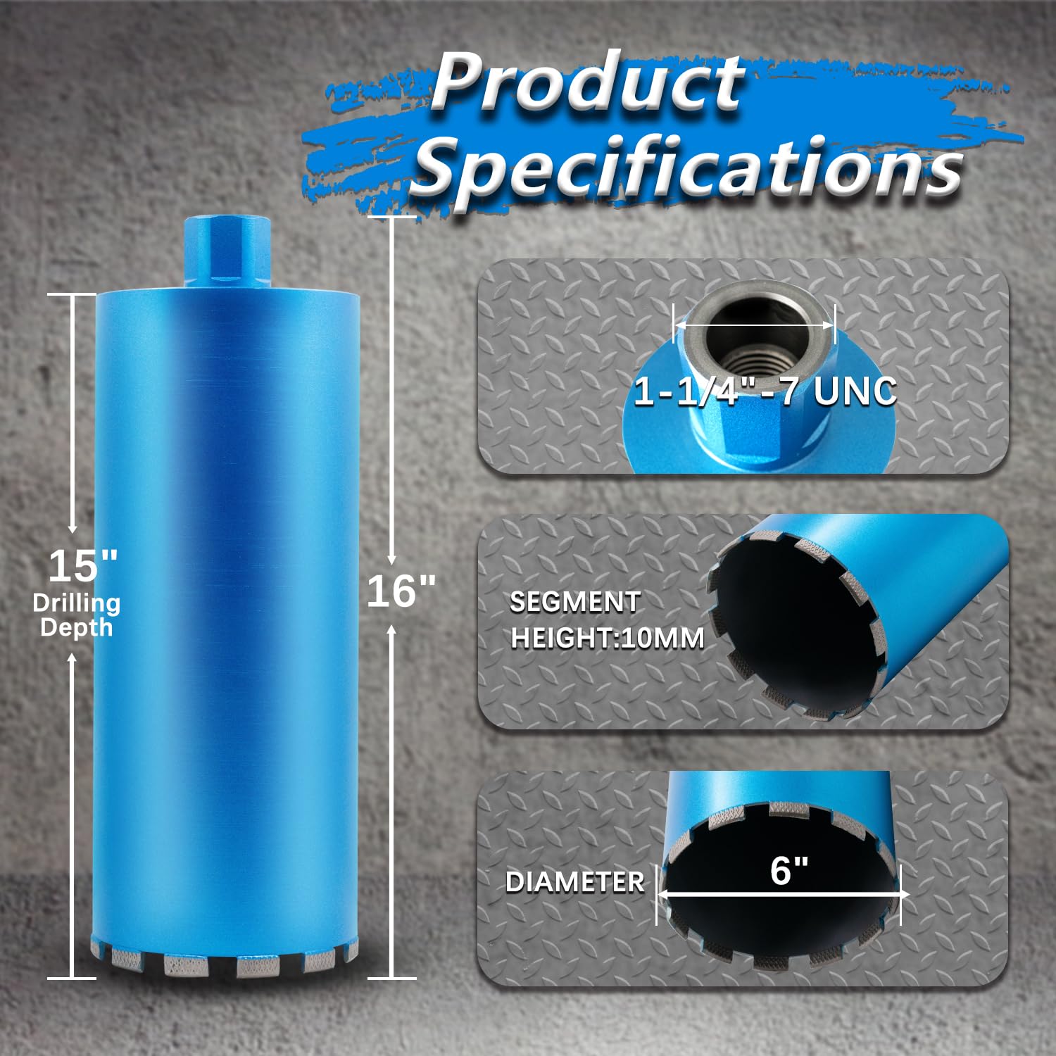 6" Wet Diamond Core Drill Bits for Concrete with Rebar, Brick, Block, Masonry, 15" Drilling Depth, 1-1/4-7" Thread, Laser-Welded Segments for Construction & DIY Home Renovation