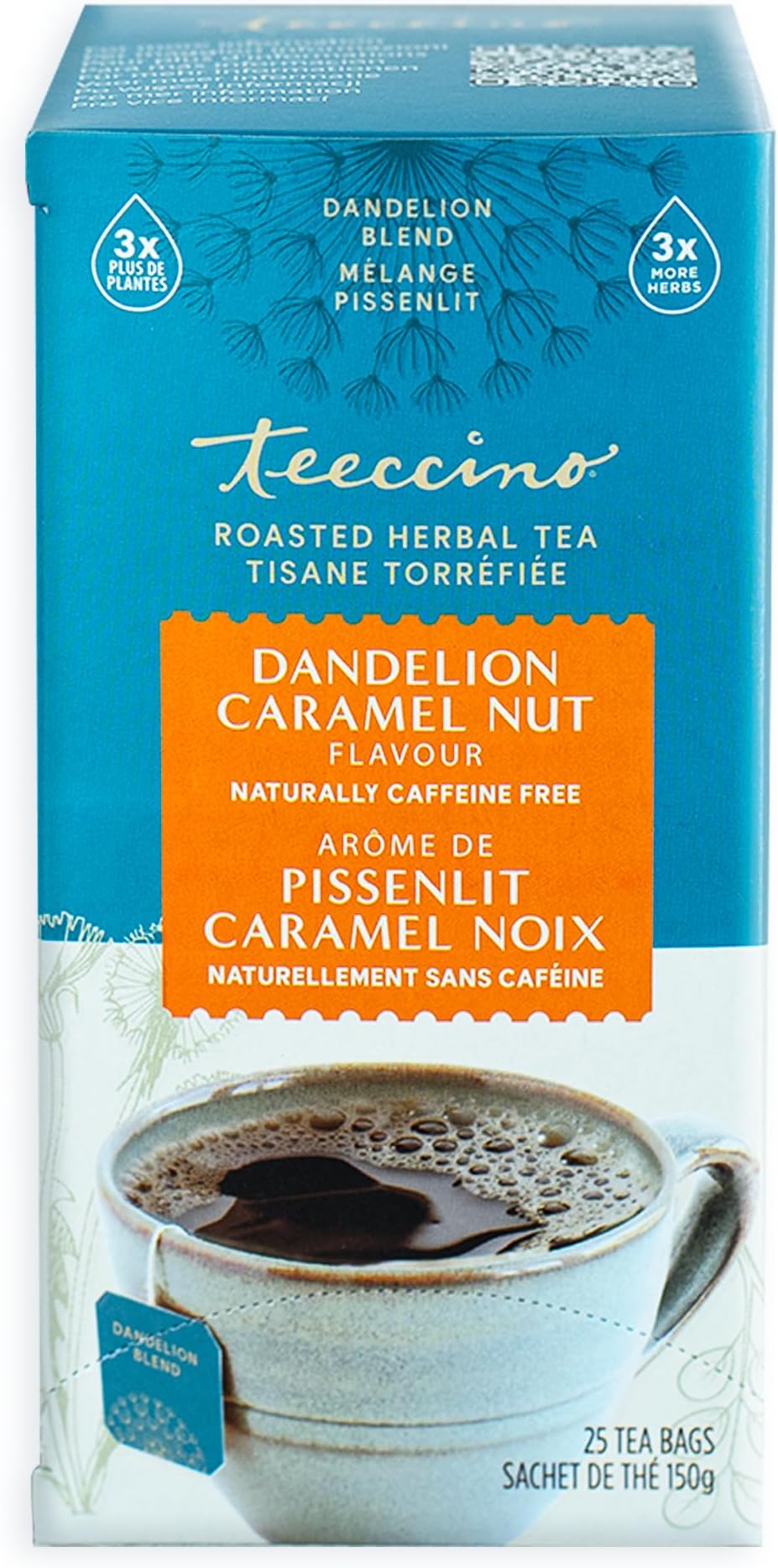 Dandelion Caramel Nut Herbal Tea - Caffeine Free, Roasted with Prebiotics, 3x More Herbs than Regular Tea Bags, Gluten Free - 25 Bags