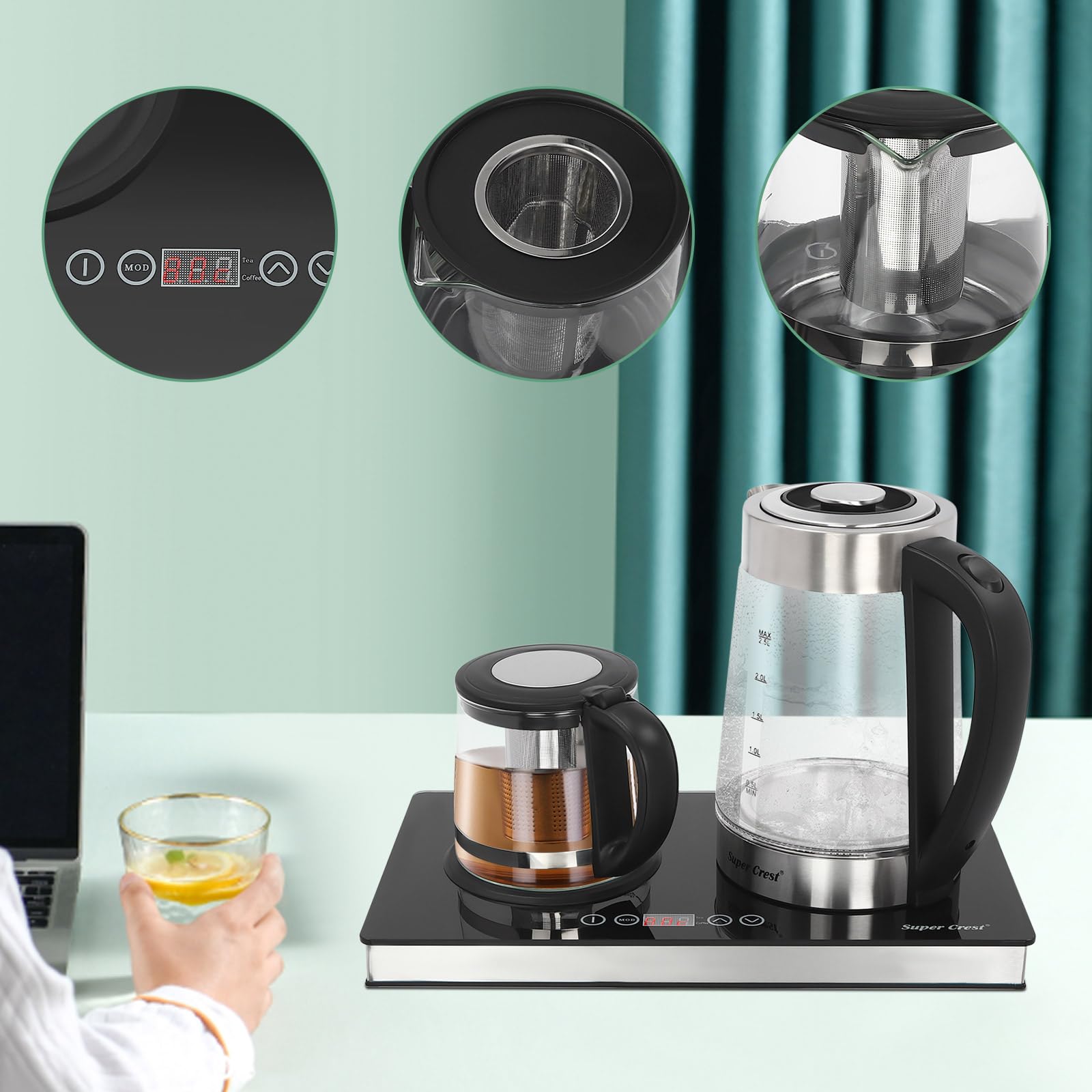 Bollitore elettrico, 2,5 l, 1000 ml, doppio fuoco, in acciaio inox, vetro e plastica, filtro display Lcd, produzione di varie bevande come caffè, tè, ufficio, hotel, appartamenti, famiglie, nero