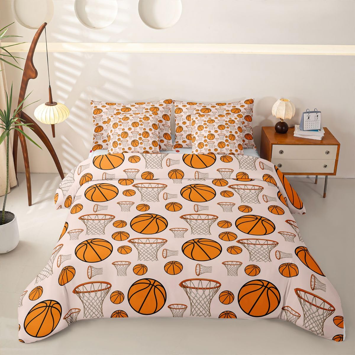 Loussiesd Juego de ropa de cama de 7 piezas con funda de edredón, sábanas, fundas de almohada, fundas de almohada, fundas de cojín, para niños y niñas, tamaño doble, diseño de baloncesto