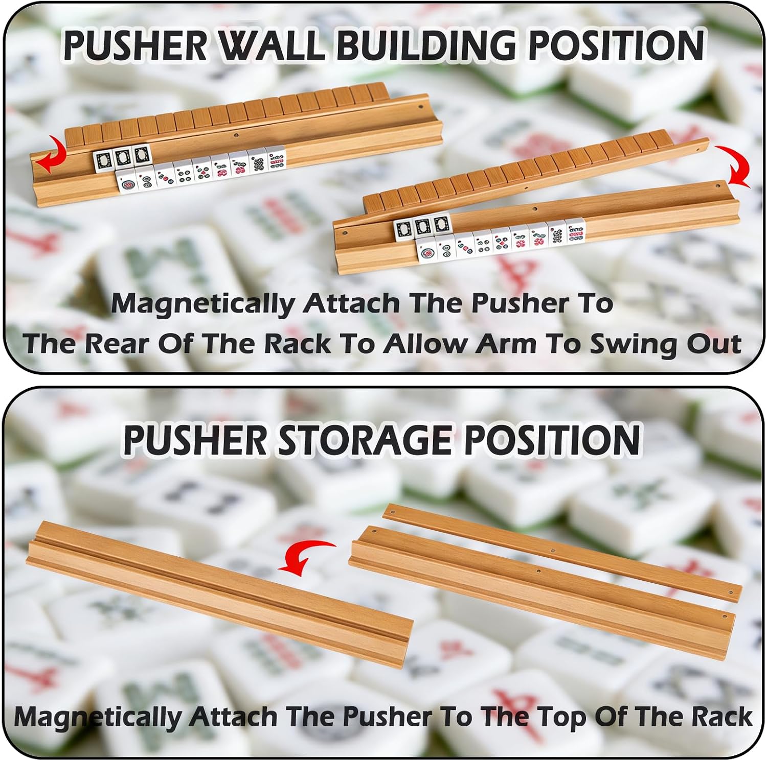 4 PCS Mahjong Racks with Pushers, Wood color Wooden Mahjong Racks with Detachable Magnetic Pushers, Mahjong Tile Pushers and Racks, Includes Chips, Dice & Storage Bags, Mahjong Accessories(19.68 Inch)