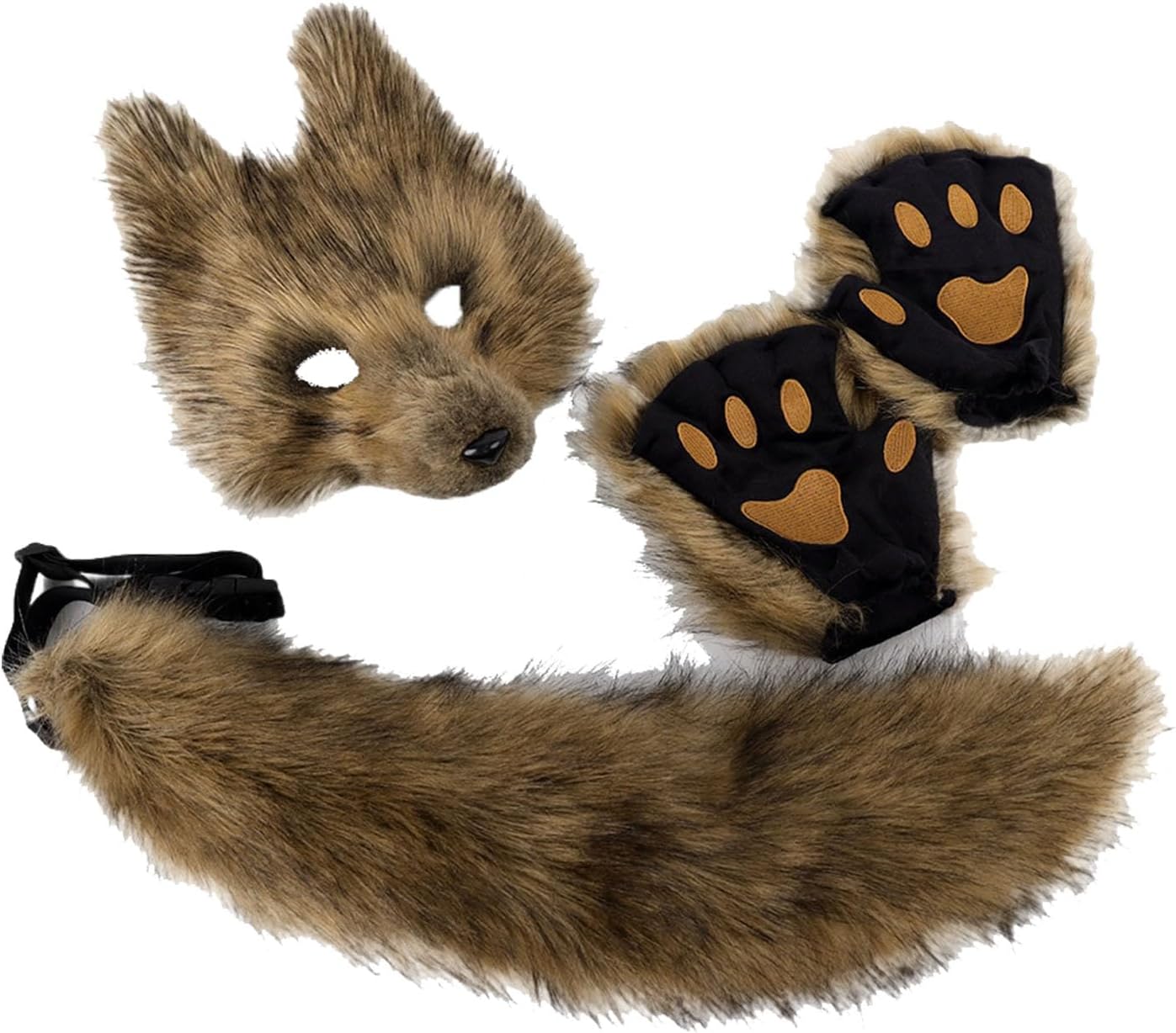 Halloween simulation Wolf tooth mask 3D set cosplay Lone Wolf plush beast tail party ball props (Black and white mask)