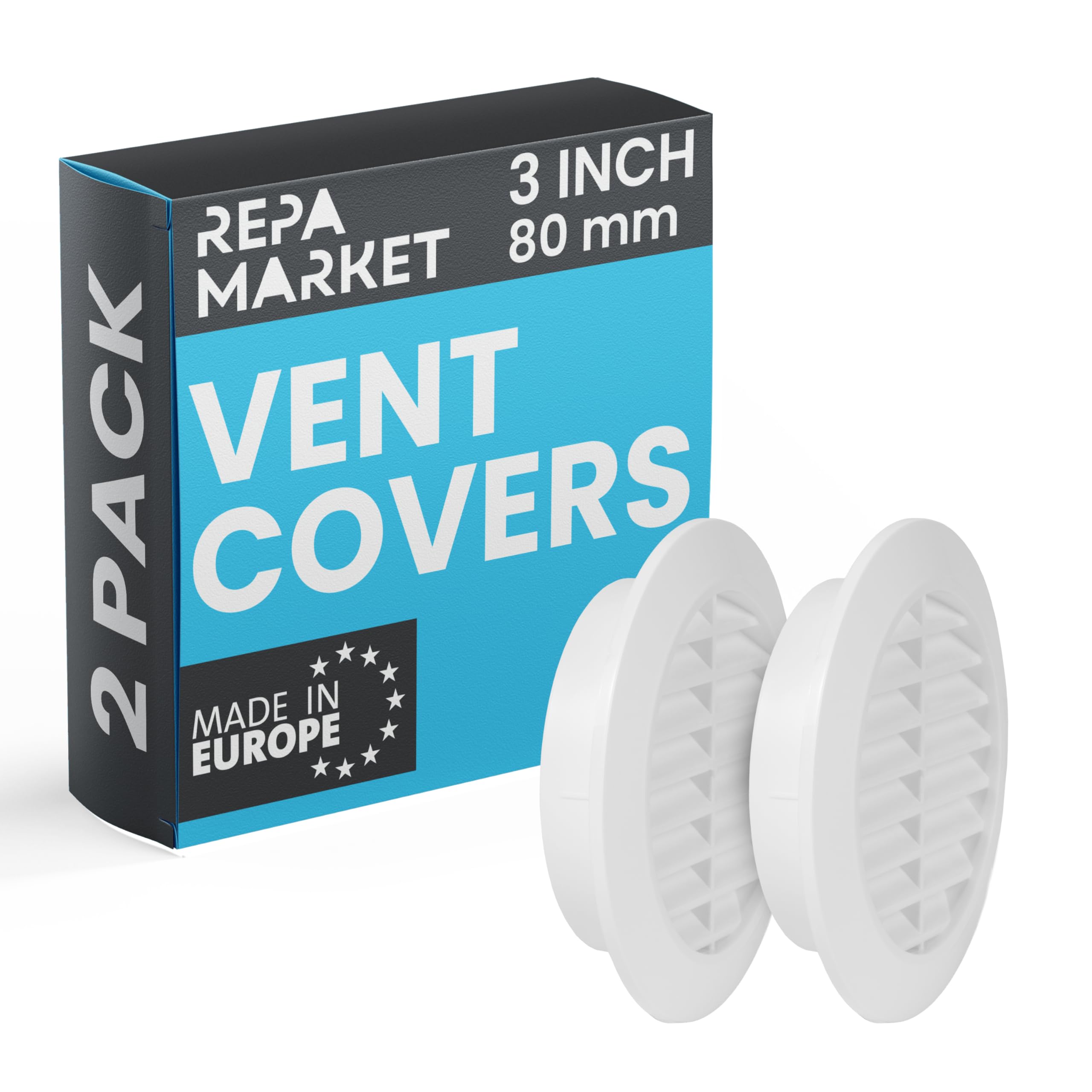 Repa Market 80mm Pack of 2 White Vent Cover with Mesh Screen - Plastic Soffit Ventilation Grill - Louvered Vent for Indoor, Outdoor Wall Ducting - HVAC Louvre Grille for Kitchen, Bathroom
