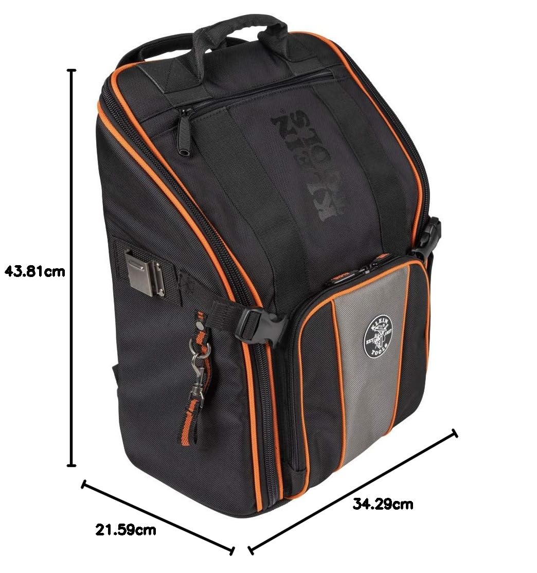 Klein Tools Mochila bolsa de trabajo resistente, organizador de herramientas, 21 bolsillos e interior grande, incluye linterna con luz de trabajo 55655