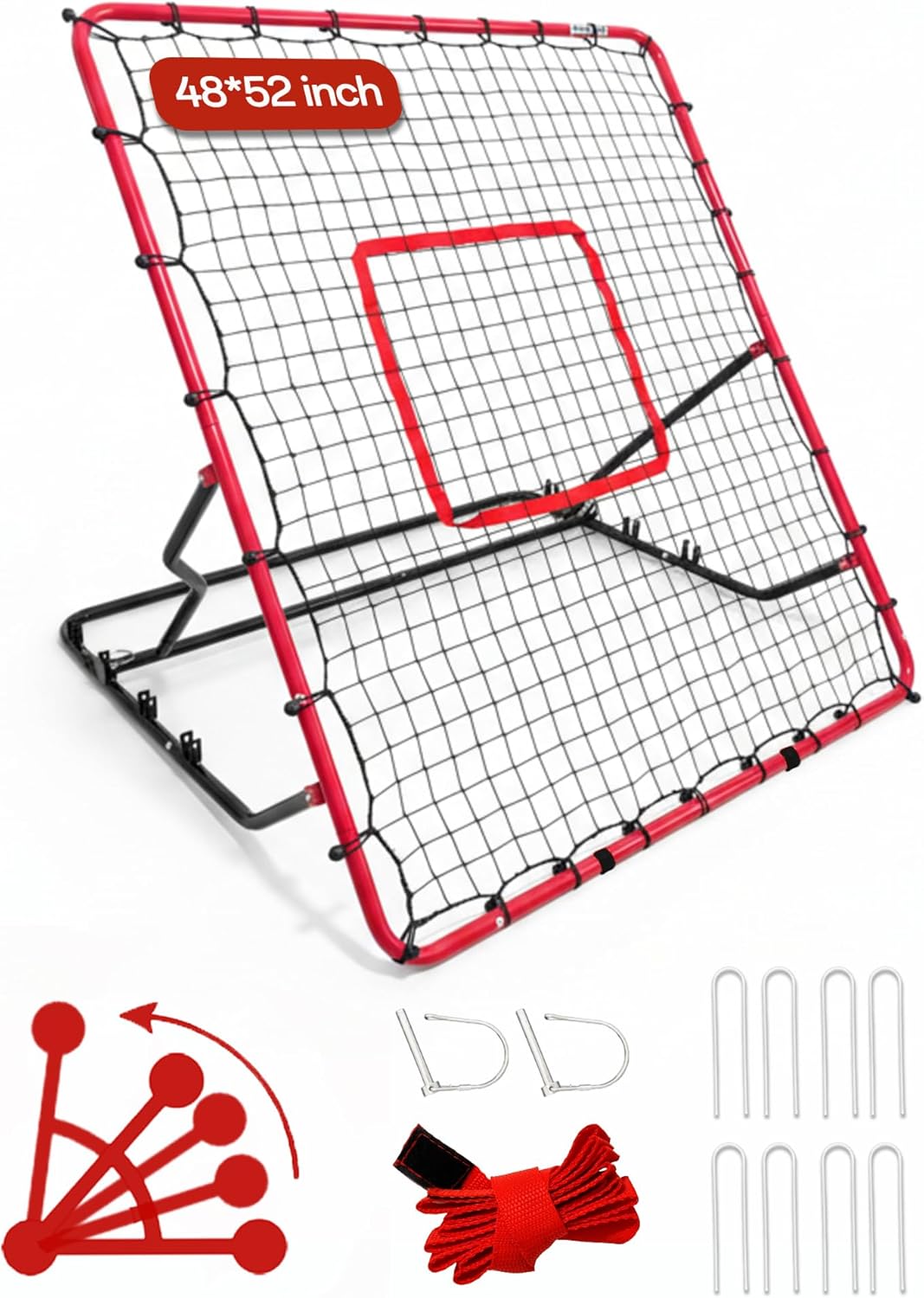 Baseball Rebounder Net Weighted Steel Frame Baseball Net 4 Adjustable Angles Anti-Skid Baseball Bounce Back Net with Flexible Target Webbing & 8 Stakes for Volleyball Softball Lacrosse (48x52inch)