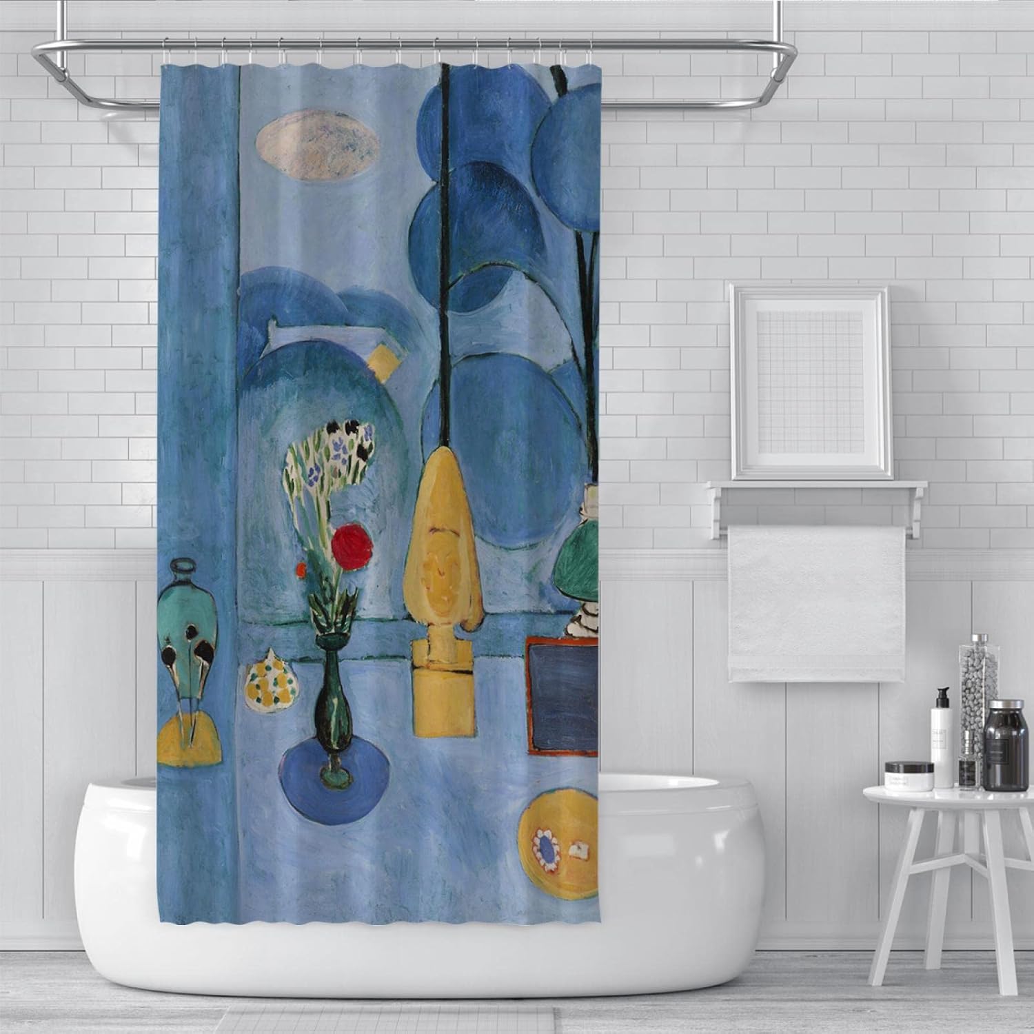 Still Life Illustration Shower Curtains Retro Blue Shower Curtain Liner Fabric Shower Curtain with Hooks Bathroom Decor W72 x L78(in) (Shower Curtain W78 x L84(in))