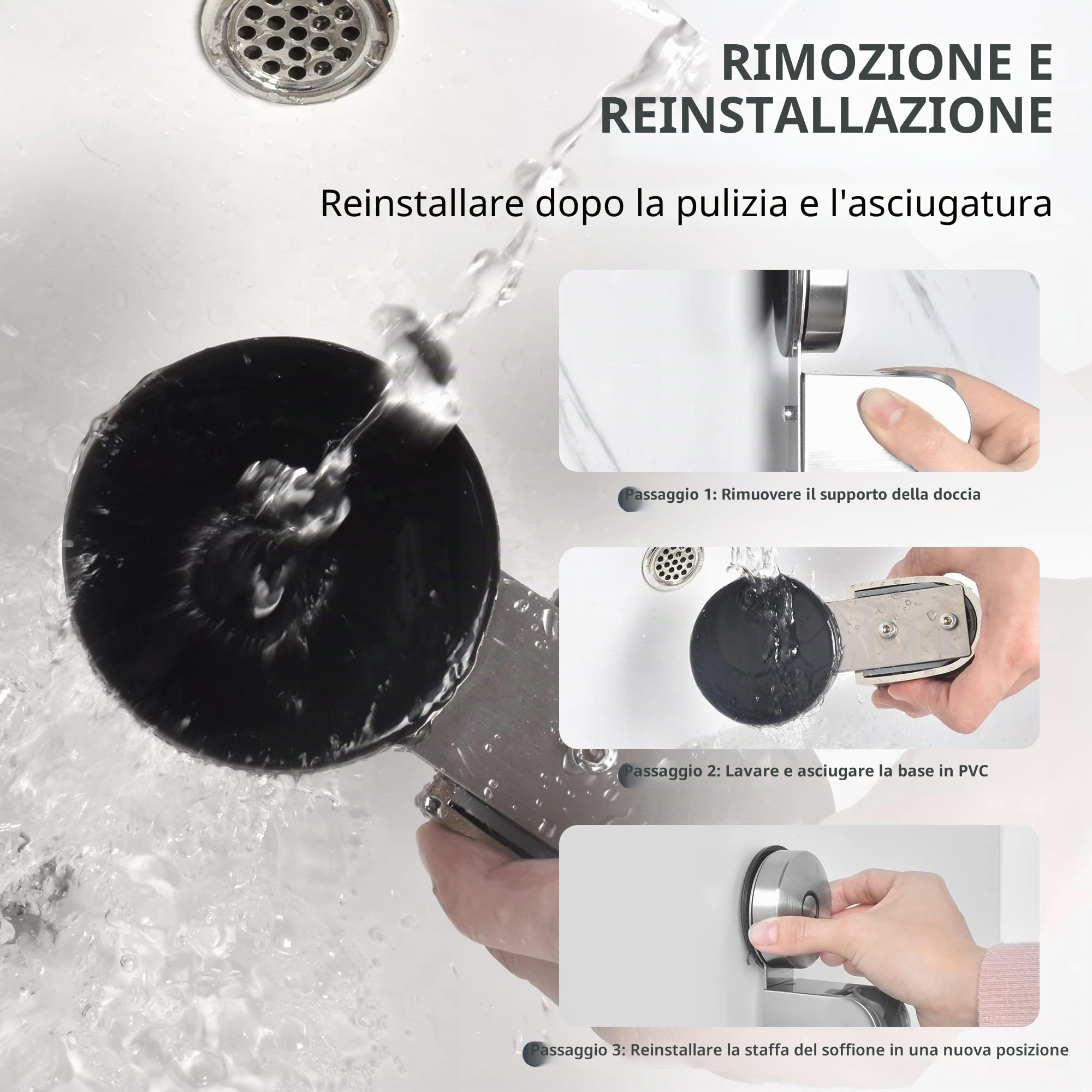 JOMOLA Supporto Doccia Ventosa rimovibile Supporto per soffione doccia a ventosa Riutilizzabile senza trapano Impermeabile Acciaio Inossidabile Supporto per doccia regolabile a 45° Argento