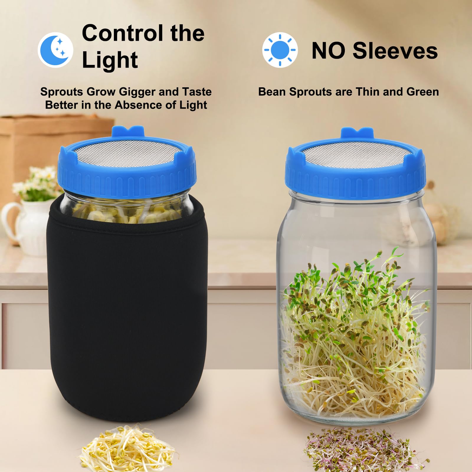[Große Größe] Sprossen-Set, 2 Sprossenglas-Kits, Weithalsglas mit Edelstahl-Sieb, Sprossendeckel, 2000 ml Sprossen-Wachstums-Kit, Samen-Keim-Set für den Anbau von Brokkoli, Bohnen, Luzerne