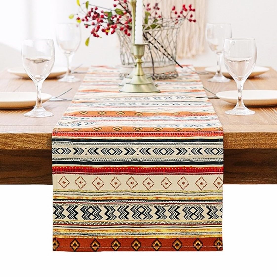 BOXAN Antique Southwestern Native Design Table Runner Cloth, Boho Cotton Geometric Striped Pattern Tribal Table Cover for Farmhouse Home Dinning Living Room Western Style Party Decor, 12 x 72 inch
