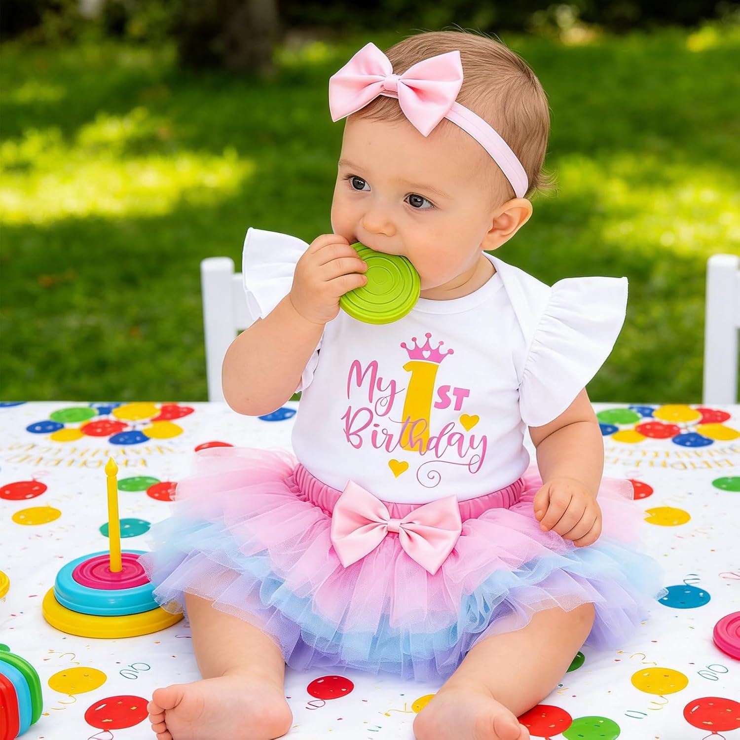 Winmany Baby Girl First Birthday Outfit 3PCS Bow Headband My 1st Birthday Romper Tutu Skirt Set for Cake Smash Photo Shoot - Image 3