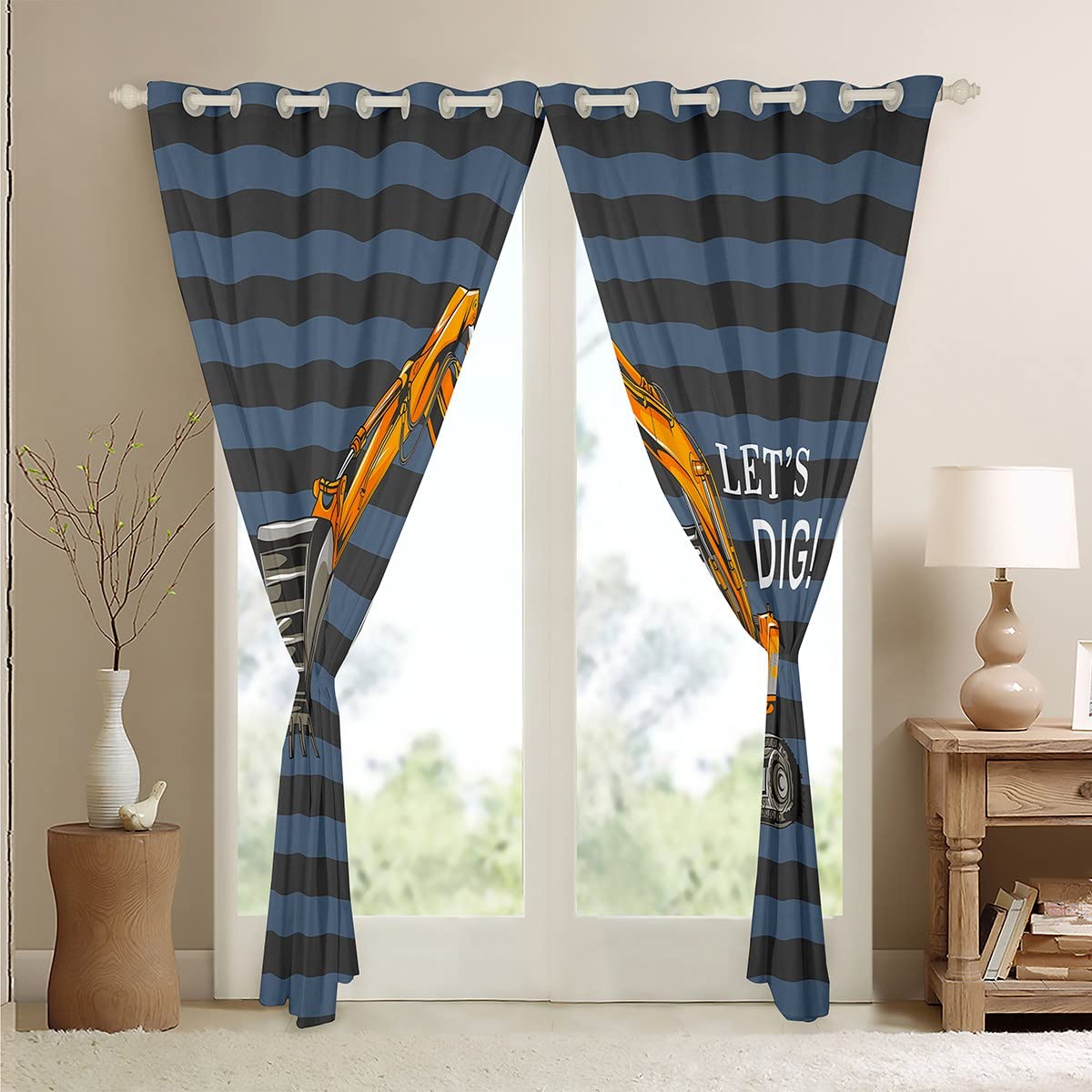 Excavadora para niños, Cortinas de Ventana de construcción, Camiones, Rayas Negras, Naranjas, Coches, Cortinas de Ventana para Dormitorio, Sala de Estar, maquinaria Pesada, tratamientos de Ventana de