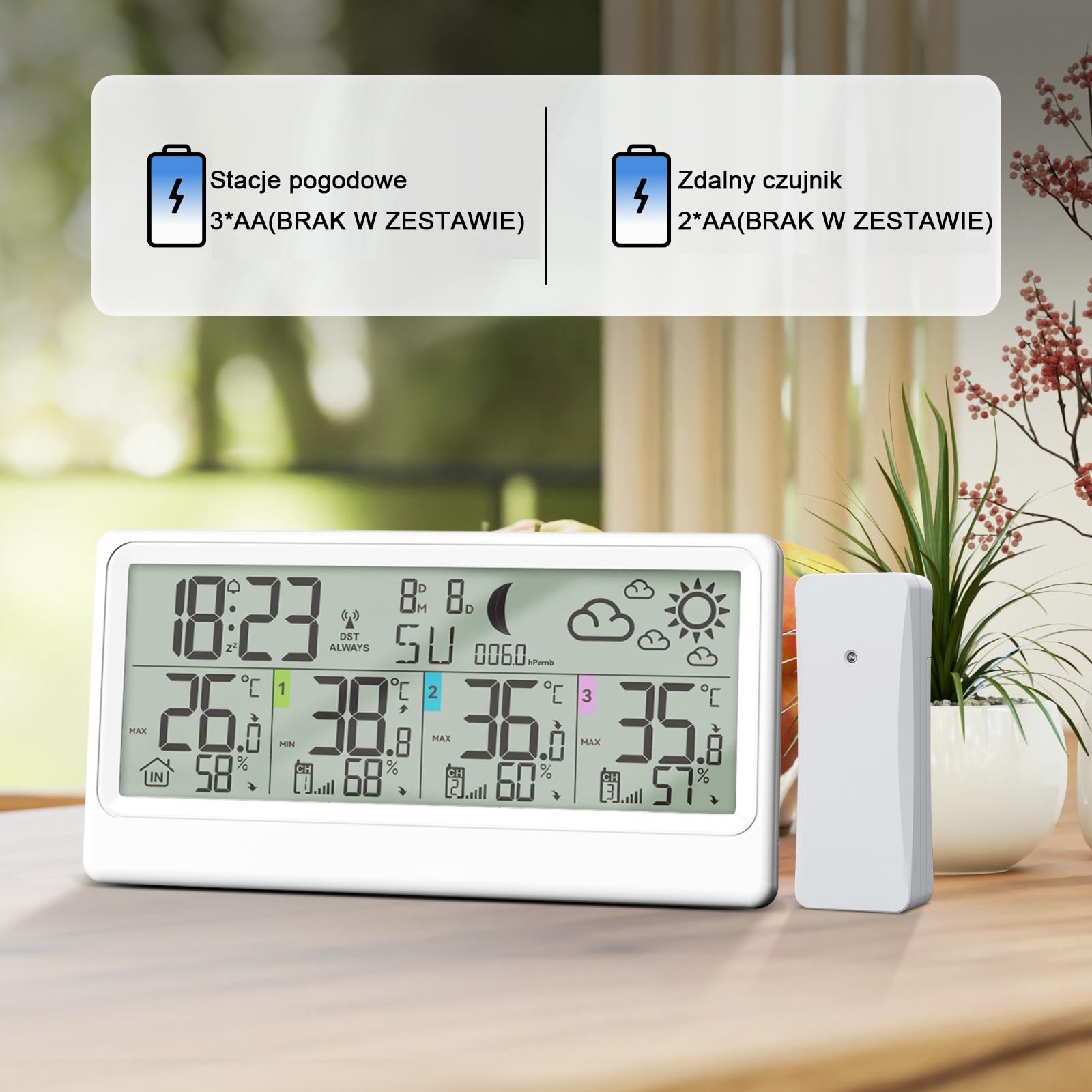 Bezprzewodowa stacja pogodowa z 3 czujnikami zewnętrznymi, 8,5-calowy wyświetlacz LCD z termometrem, higrometrem, barometrem, prognozą pogody, fazami księżyca, budzikiem, funkcją drzemki i RCC