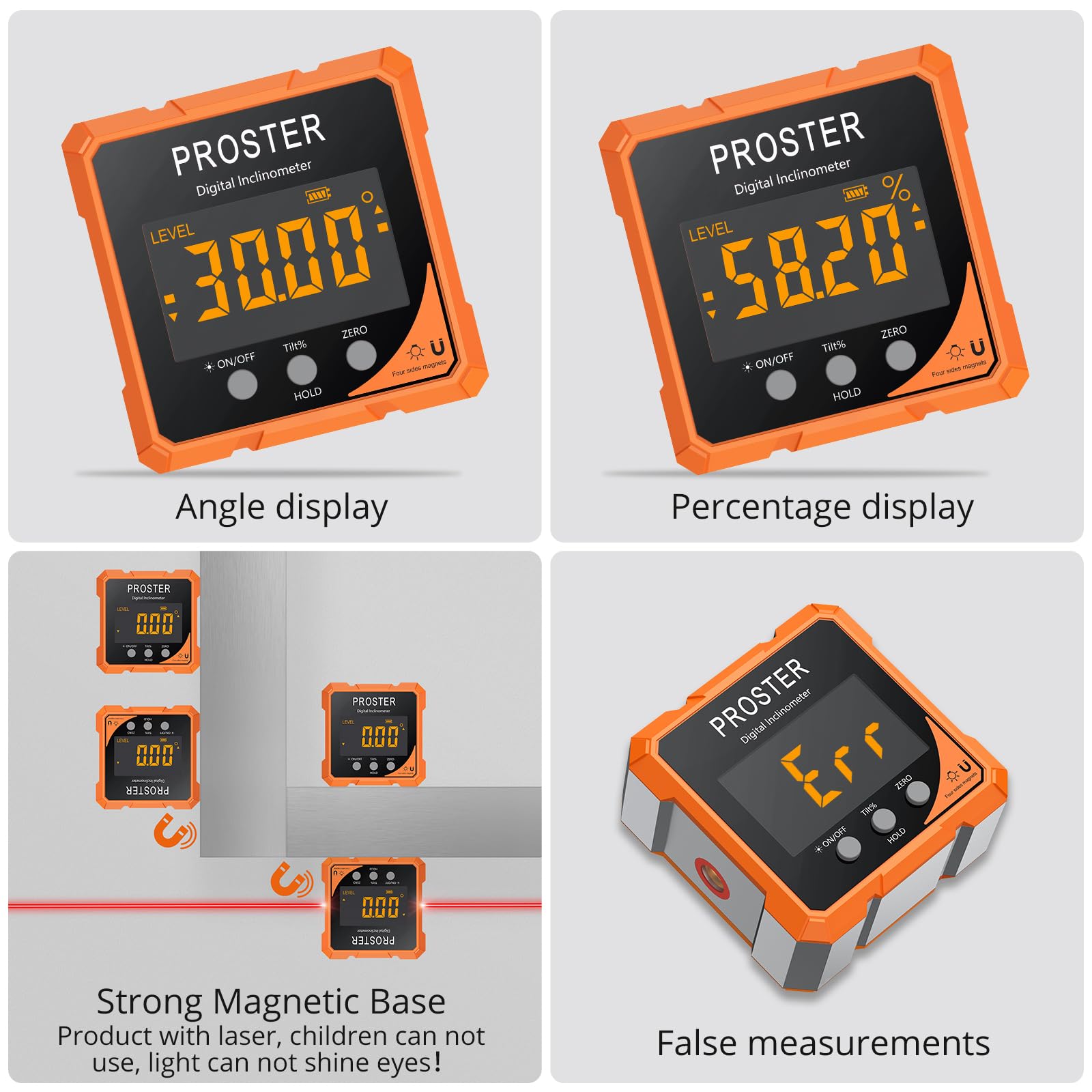 Proster Digital Laser Angle Finder, 4-Side Magnetic Digital Level with Laser, 4x90° Range, +0.1-0.2°Accuracy - Image 2
