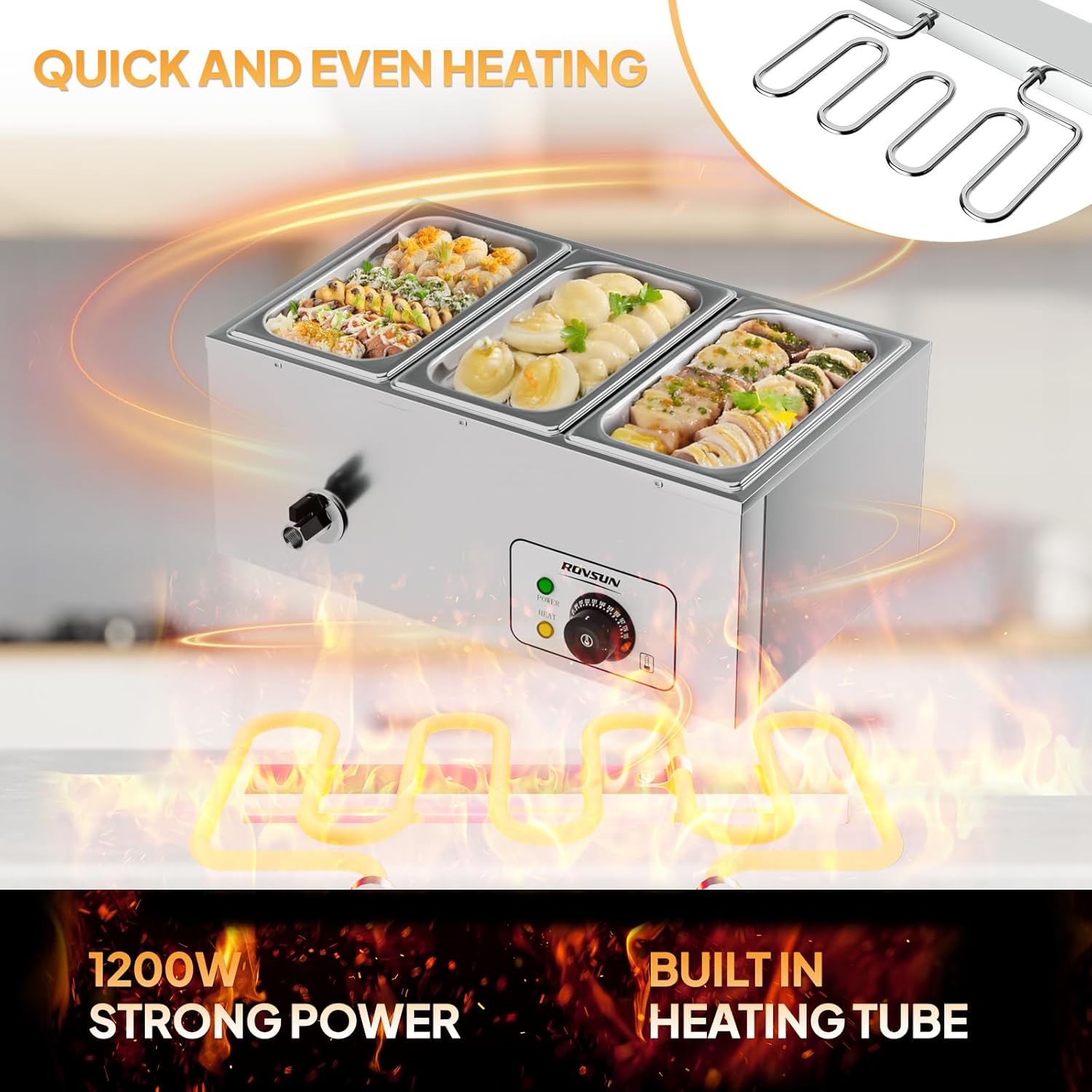 ROVSUN 21QT Electric Commercial Food Warmer, 3-Pan Steam Table Countertop, 6.9 QT/Pan Stainless Steel Bain Marie Buffet with Temperature Control & Lid for Parties, Catering, Restaurants 110V
